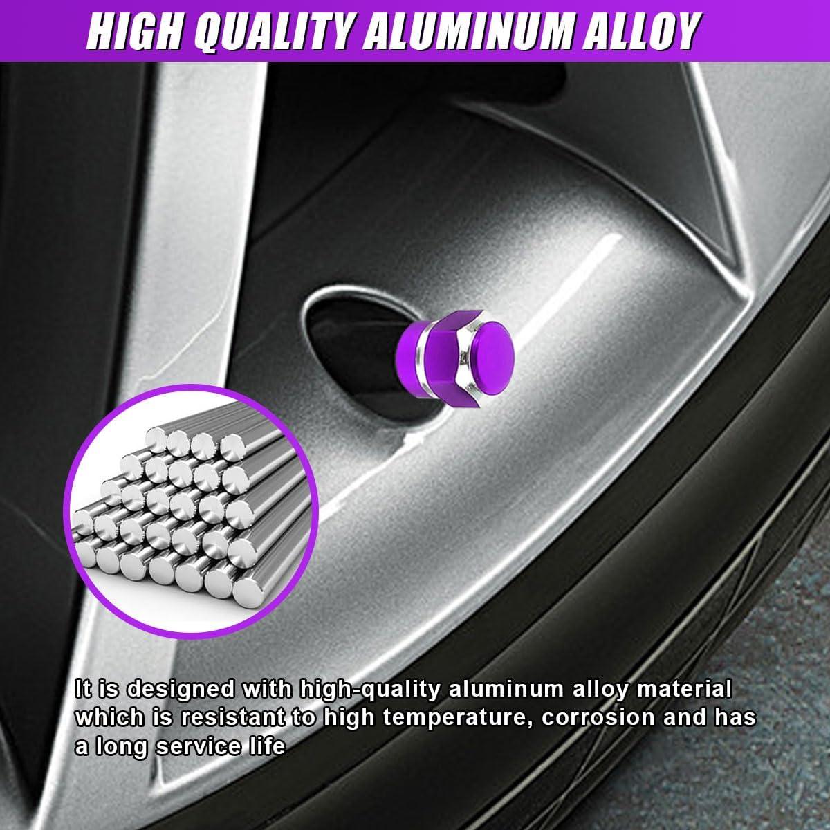 4PCS Car Tire Valve Stem Caps, Aluminum Alloy Tire Valve Caps, Dustproof Waterproof Hexagon Shape Car Stem Covers, Automotive Wheel Air Cap for Truck, SUV, Bike, Motorcycle (Purple)