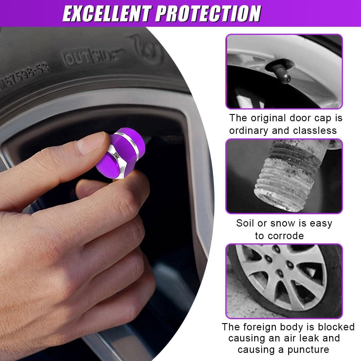 4PCS Car Tire Valve Stem Caps, Aluminum Alloy Tire Valve Caps, Dustproof Waterproof Hexagon Shape Car Stem Covers, Automotive Wheel Air Cap for Truck, SUV, Bike, Motorcycle (Purple)
