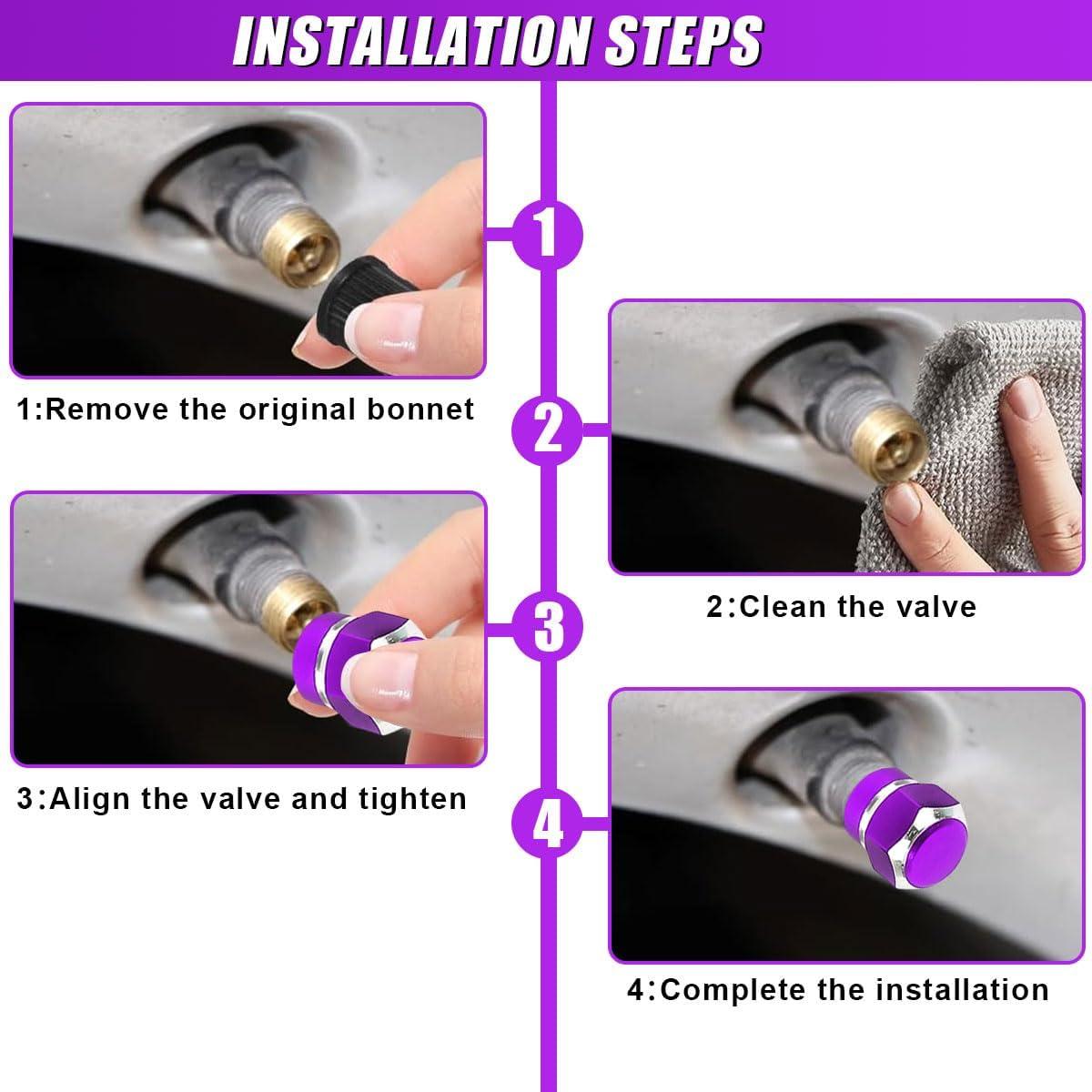 4PCS Car Tire Valve Stem Caps, Aluminum Alloy Tire Valve Caps, Dustproof Waterproof Hexagon Shape Car Stem Covers, Automotive Wheel Air Cap for Truck, SUV, Bike, Motorcycle (Purple)