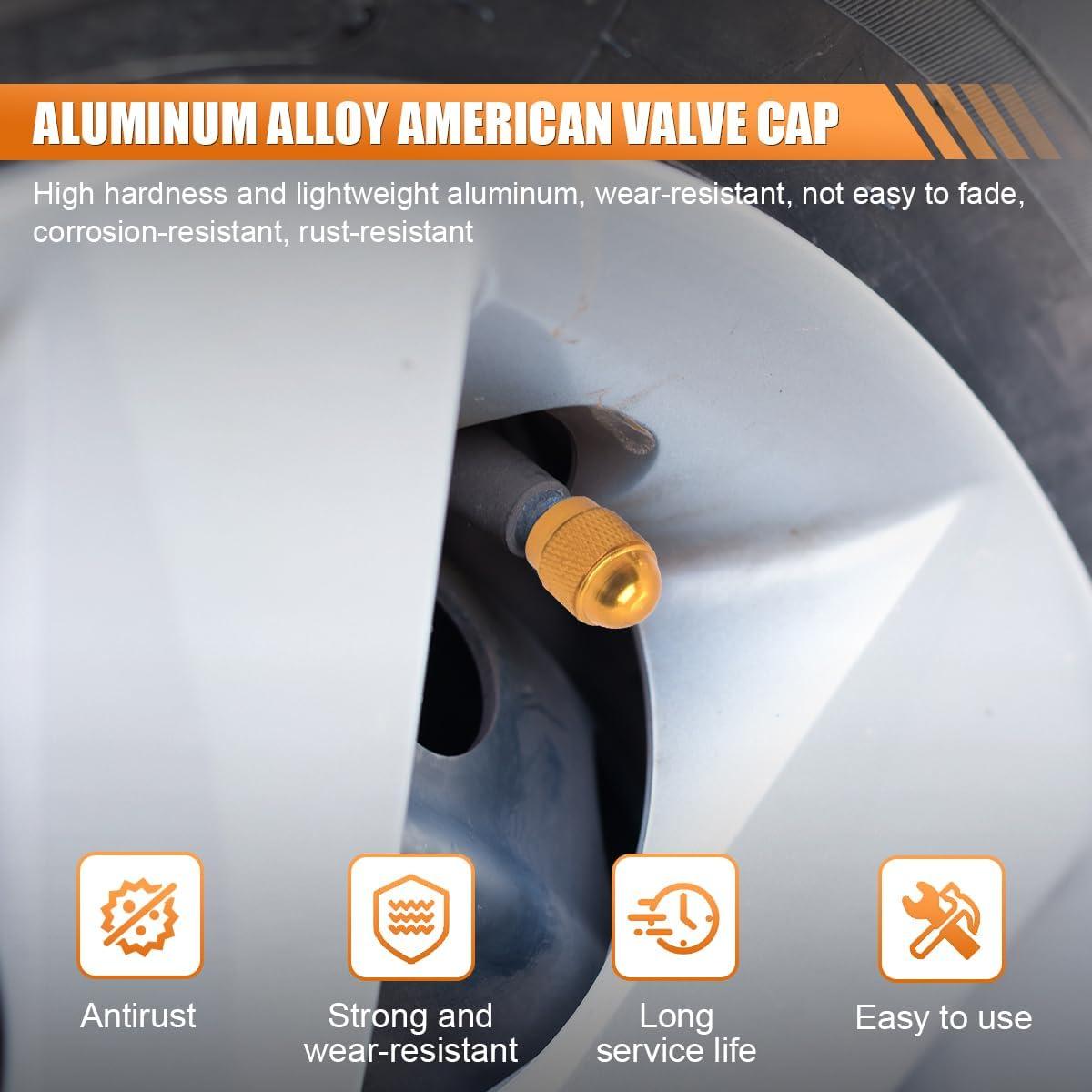 4PCS Bullet Style Tire Valve Stem Caps, Corrosion Resistant Aluminum Alloy Dustproof Car Wheel Tire Valve Caps, Universal Valve Stem Covers for Cars, SUVs, Trucks, Motorcycles, Bikes (Gold)