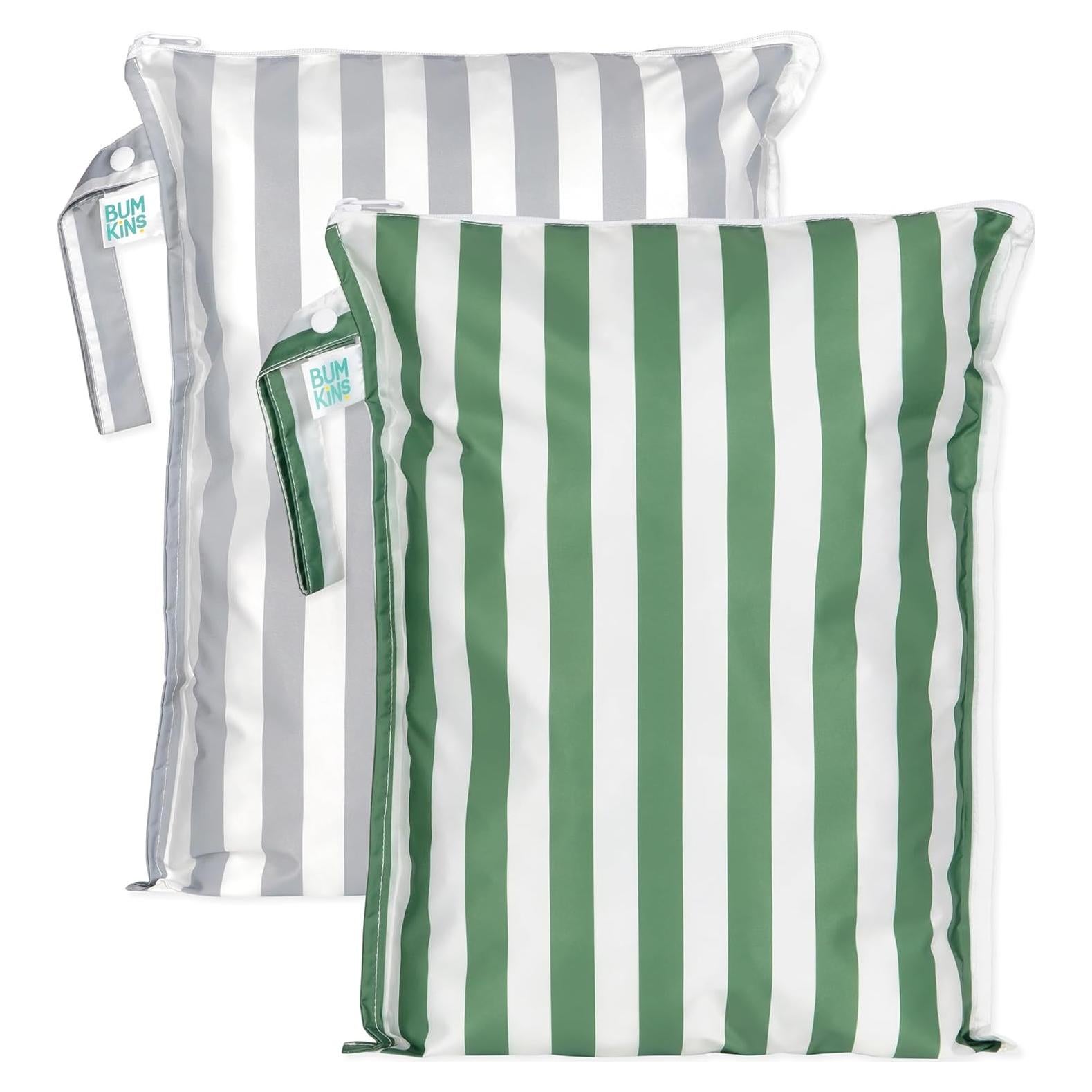 Bumkins Bolsa Impermeable Grande Reutilizable 2pk Rayas Grises y Verdes