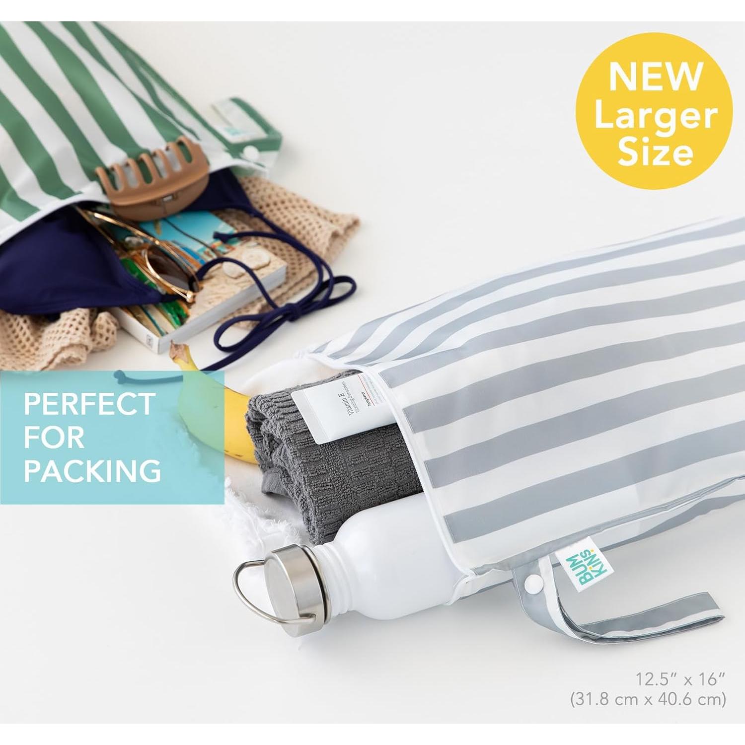 Bumkins Bolsa Impermeable Grande Reutilizable 2pk Rayas Grises y Verdes