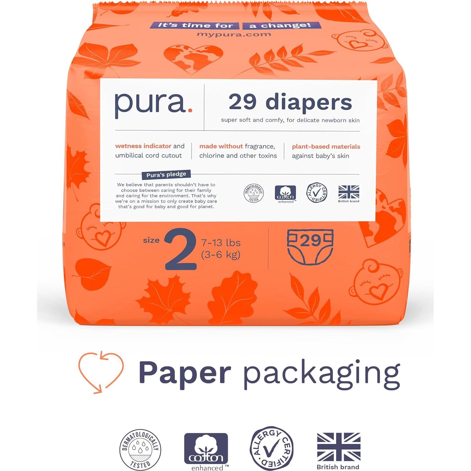 Pañales Hipoalergénicos Pura Tamaño 2 (3.2-5.9 kg) 29 Unidades