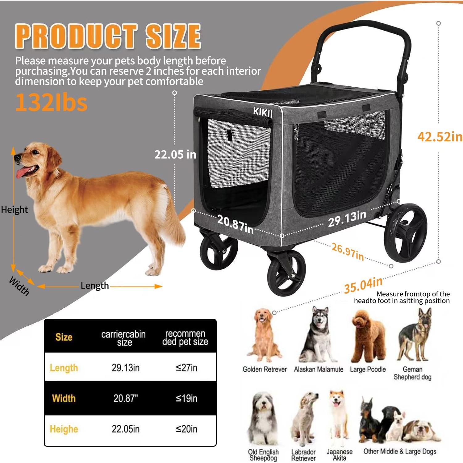 Carrito de Perro KIKII Extra Grande 60 kg Plegable y Ajustable