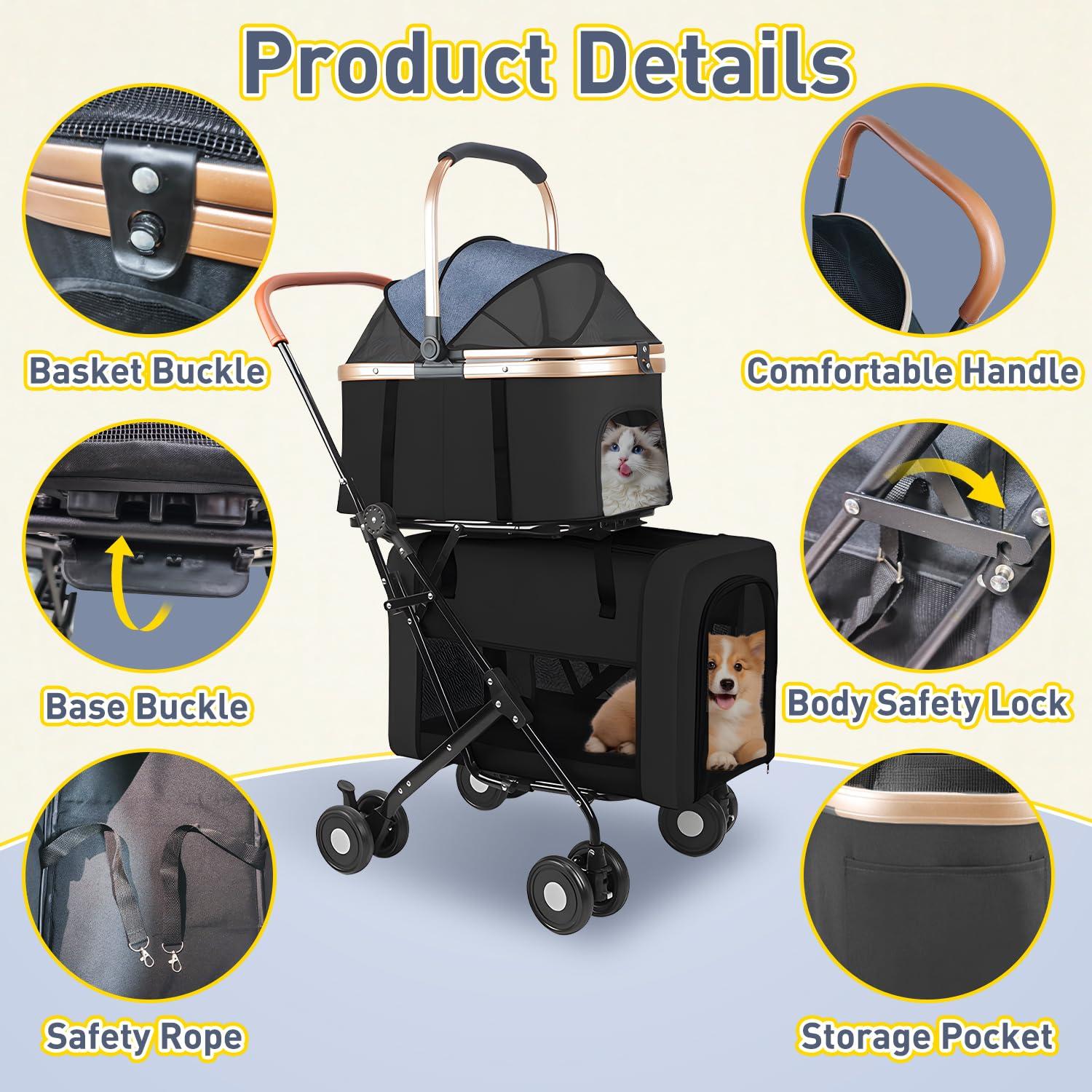 Carrito Doble para Mascotas YIRCELOM Negro 2 Perros o Gatos