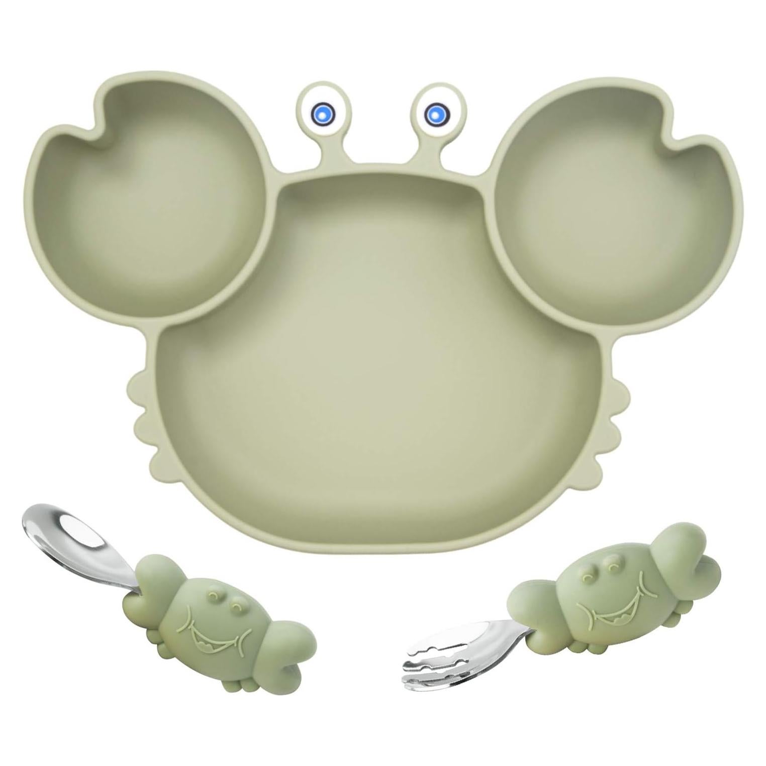 Plato de Succión de Silicona Linowos Verde con Cuchara y Tenedor