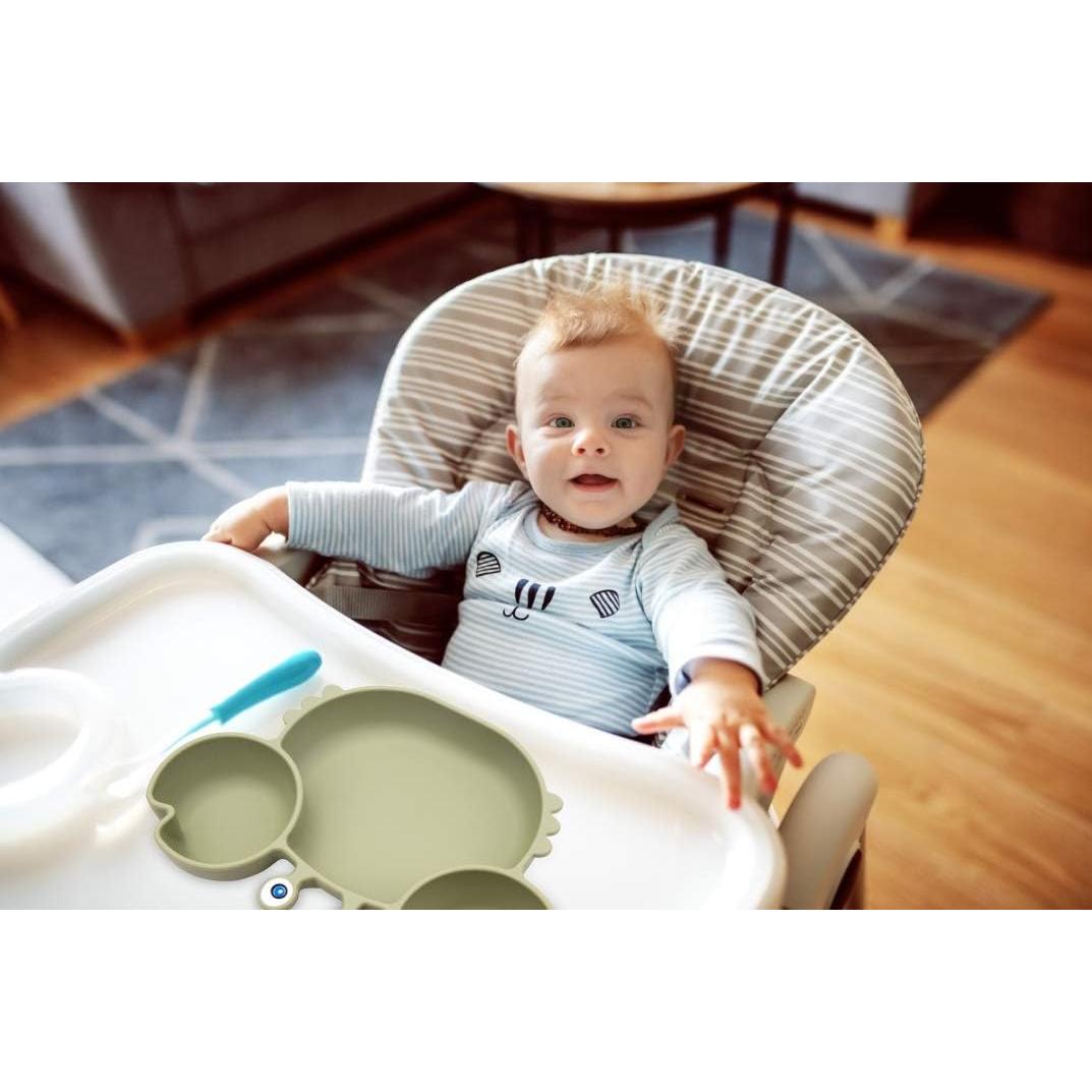 Plato de Succión de Silicona Linowos Verde con Cuchara y Tenedor