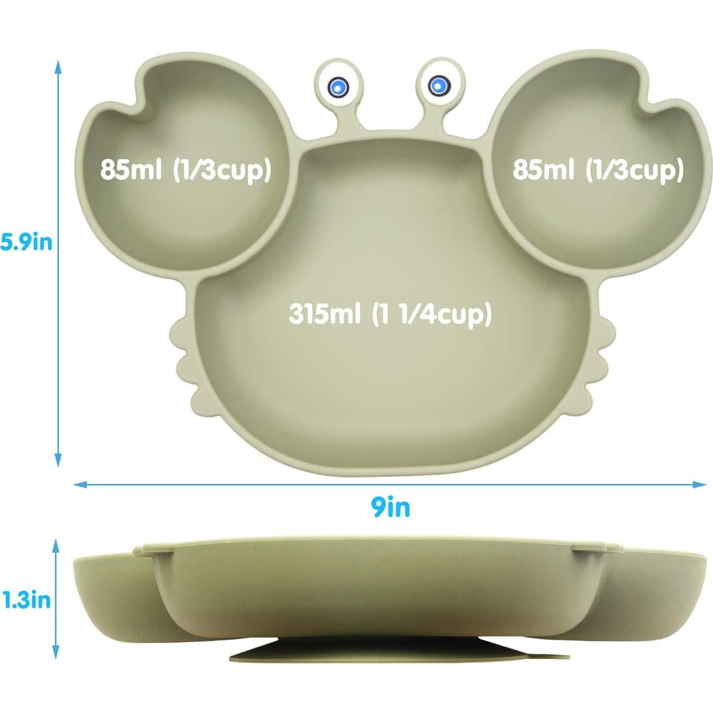 Plato de Succión de Silicona Linowos Verde con Cuchara y Tenedor