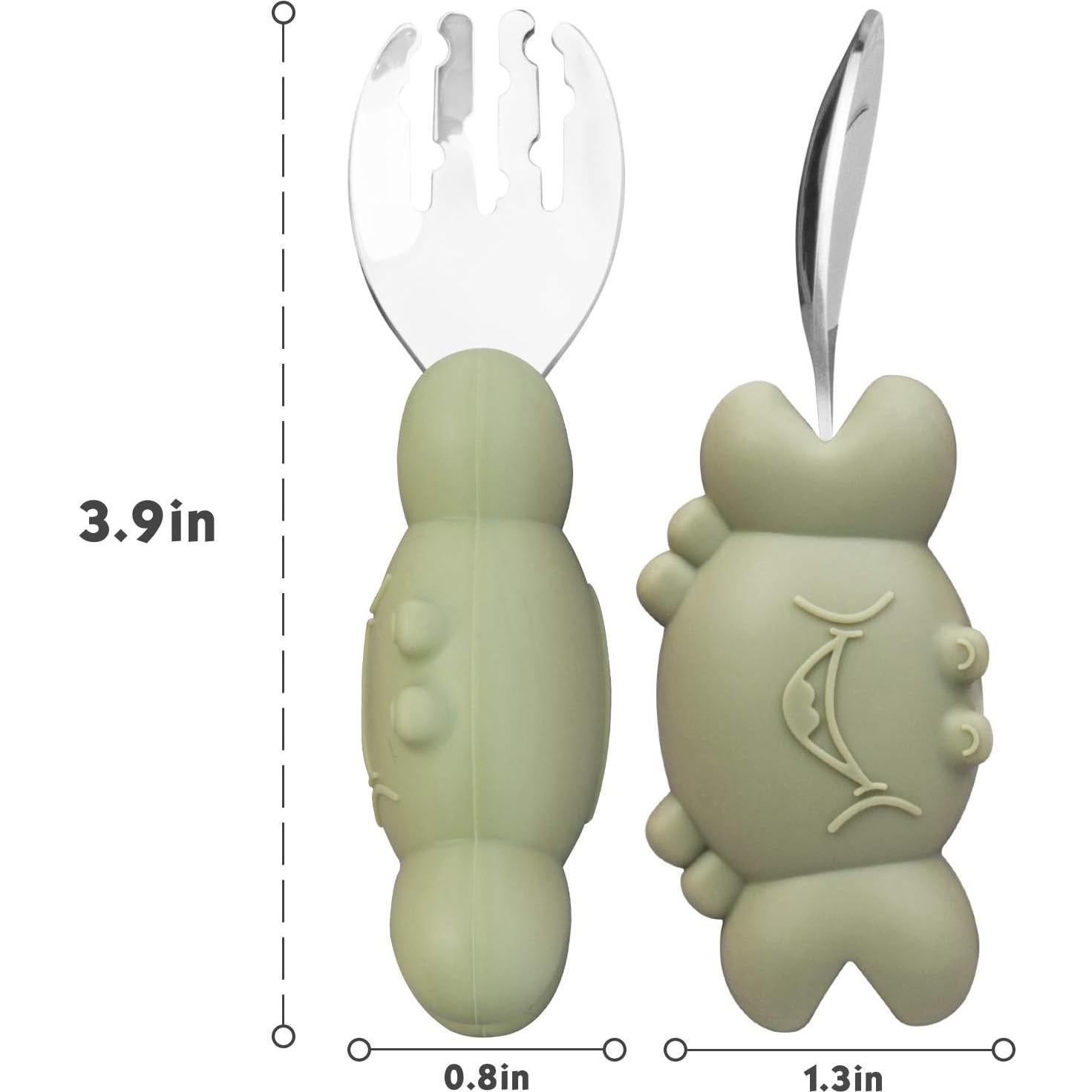 Plato de Succión de Silicona Linowos Verde con Cuchara y Tenedor
