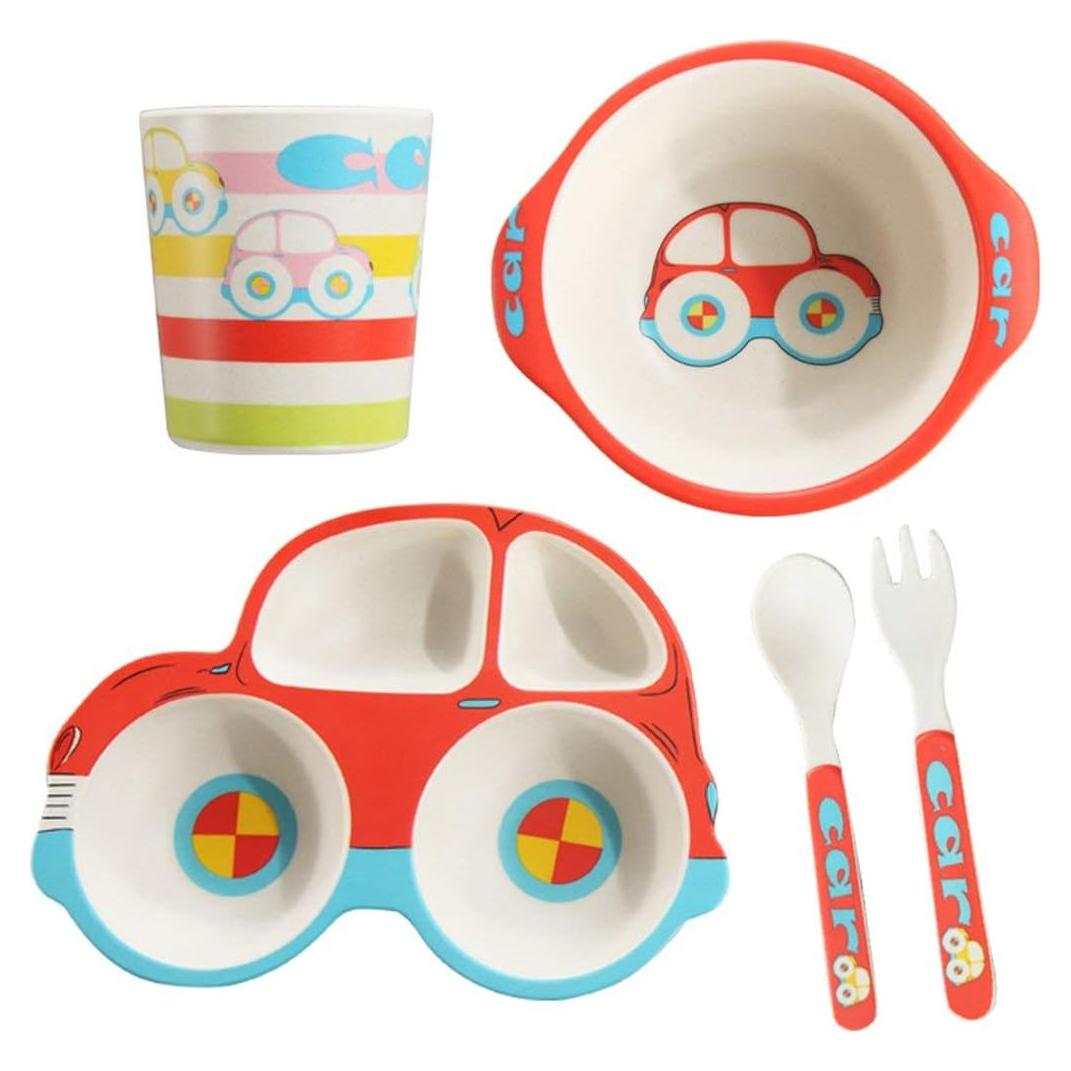 Juego de Vajilla para Niños HYOATREA 5 Piezas Coche Bambú
