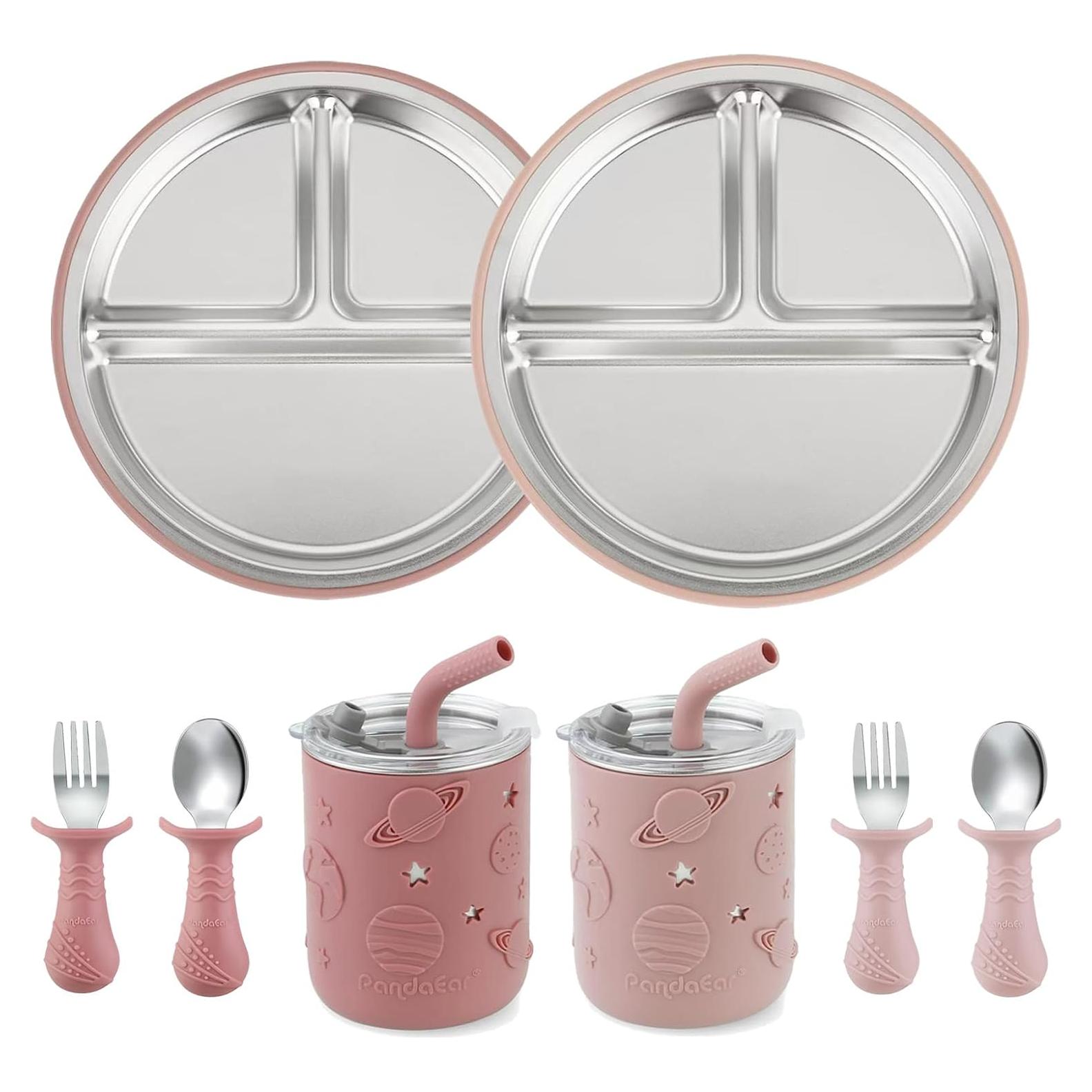Juego de Alimentación para Bebés PandaEar - Acero Inoxidable, 2 Platos, 2 Vasos, Utensilios