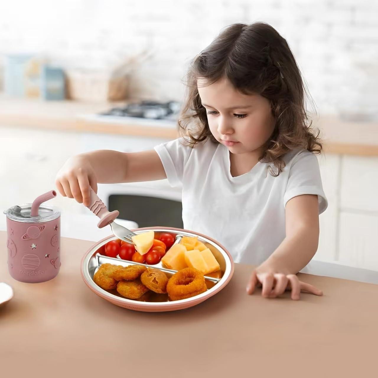 Juego de Alimentación para Bebés PandaEar - Acero Inoxidable, 2 Platos, 2 Vasos, Utensilios