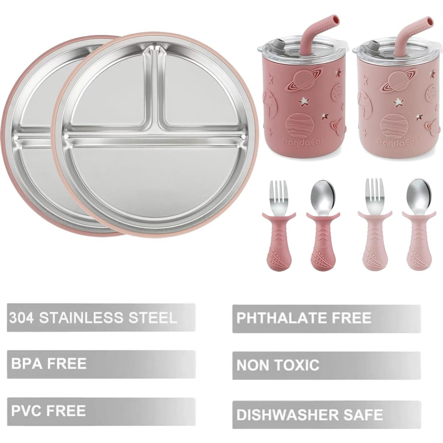 Juego de Alimentación para Bebés PandaEar - Acero Inoxidable, 2 Platos, 2 Vasos, Utensilios
