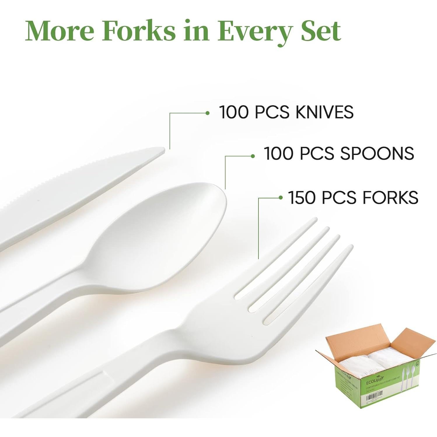 Juego de Cubiertos Compostables ECOLipak 350 Pcs Biodegradables