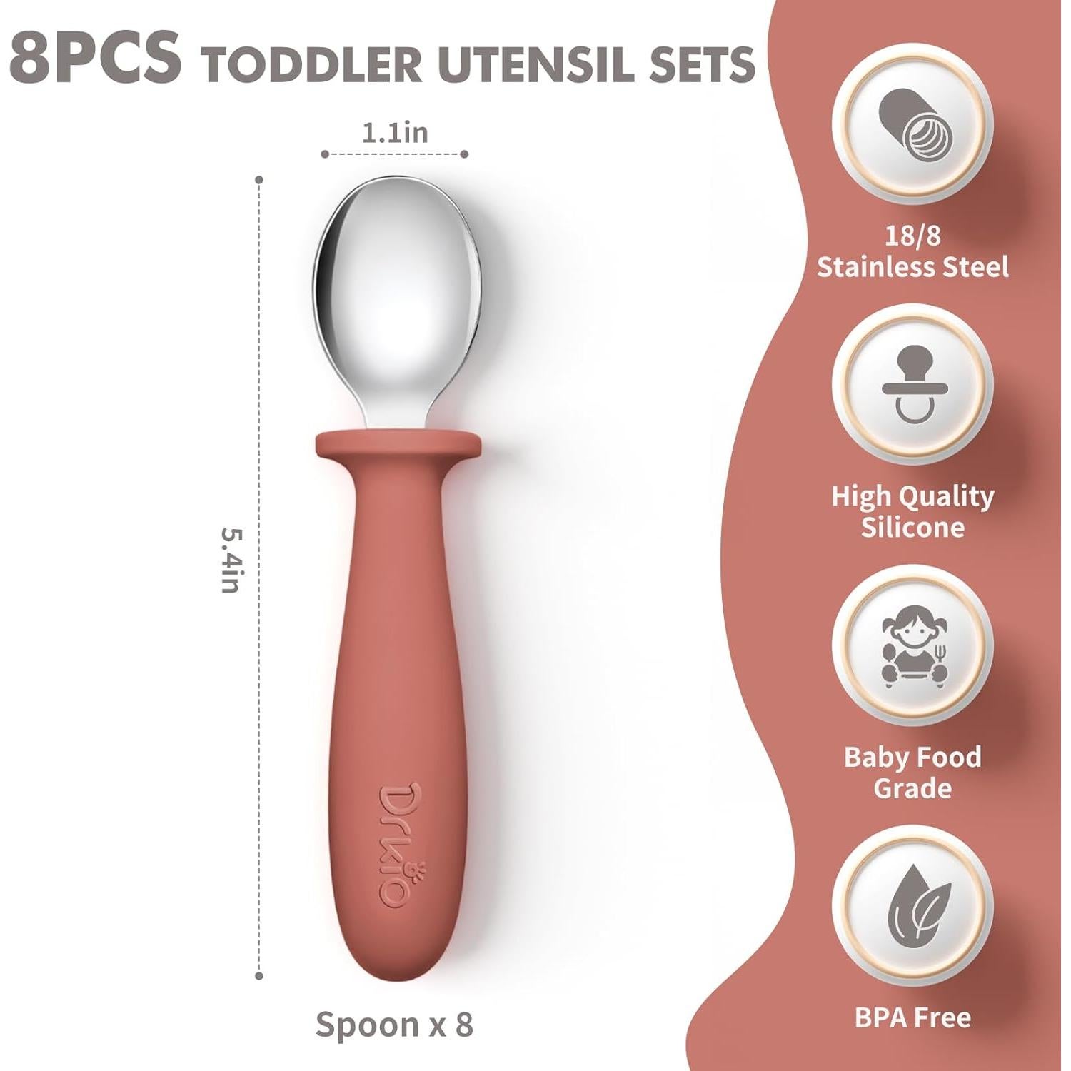 Juego de Cucharas para Niños DRKIO 8 Pcs Silicona y Acero Inoxidable