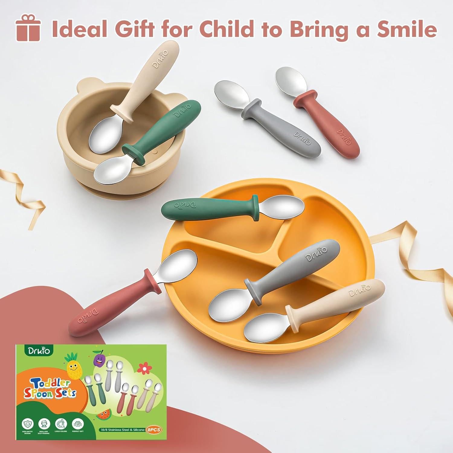 Juego de Cucharas para Niños DRKIO 8 Pcs Silicona y Acero Inoxidable