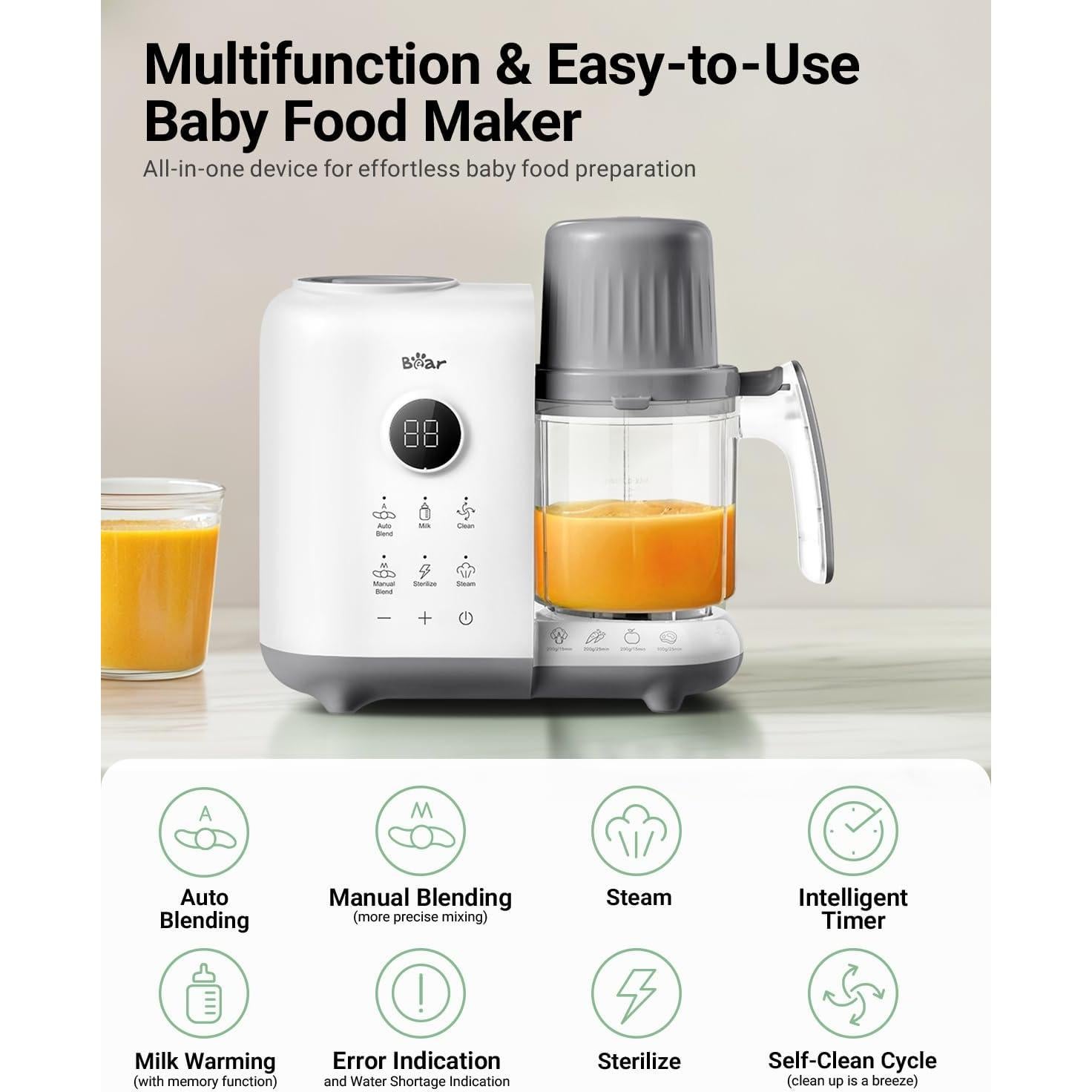 Bear Baby Food Maker with 18.5oz Dual-Layer Steam Baskets, OneStep Baby Food Processor Steamer Puree Blender Grinder Mills, Auto Cooking Grinding&Sterili-zing for Healthy Homemade Baby Food, BPA-Free