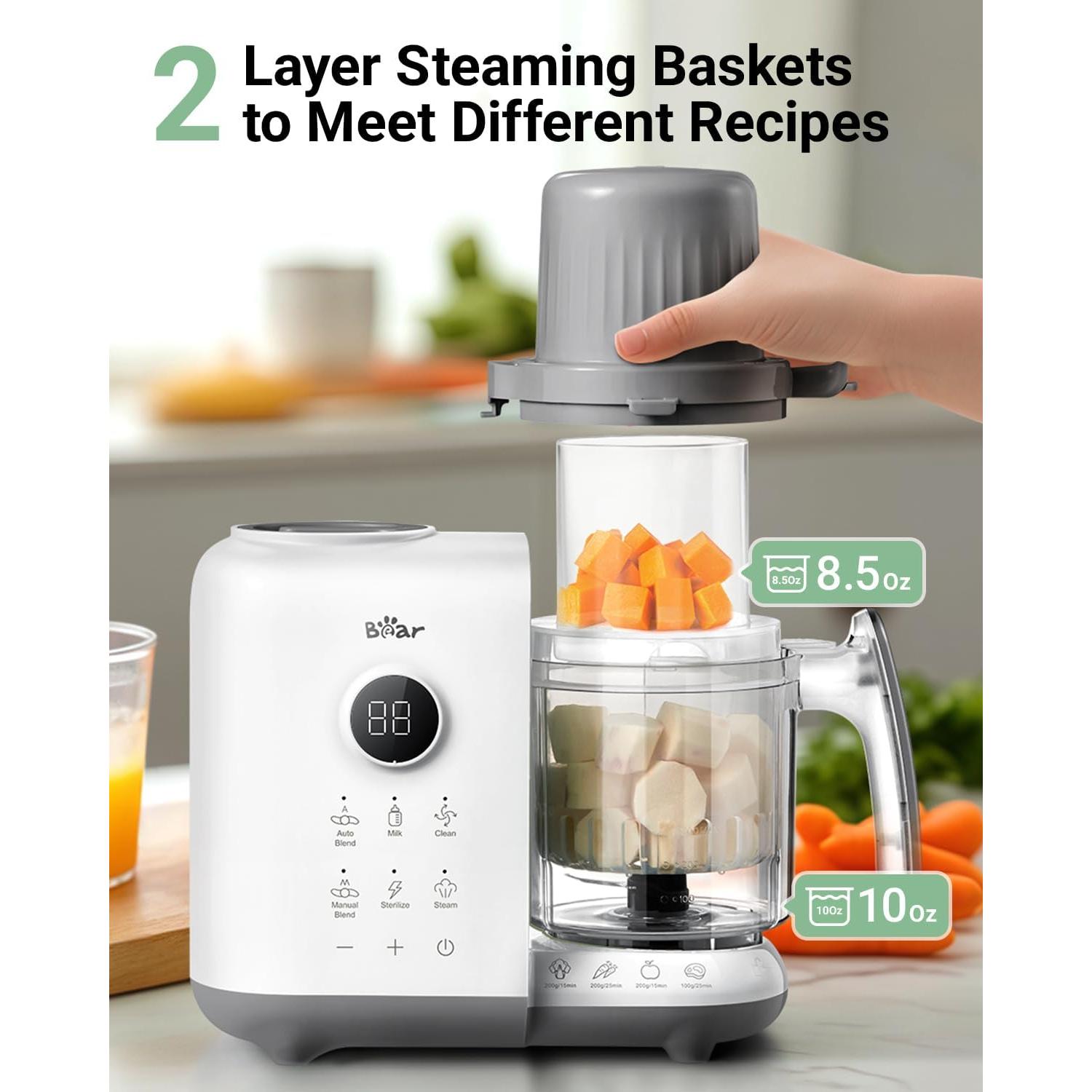 Bear Baby Food Maker with 18.5oz Dual-Layer Steam Baskets, OneStep Baby Food Processor Steamer Puree Blender Grinder Mills, Auto Cooking Grinding&Sterili-zing for Healthy Homemade Baby Food, BPA-Free