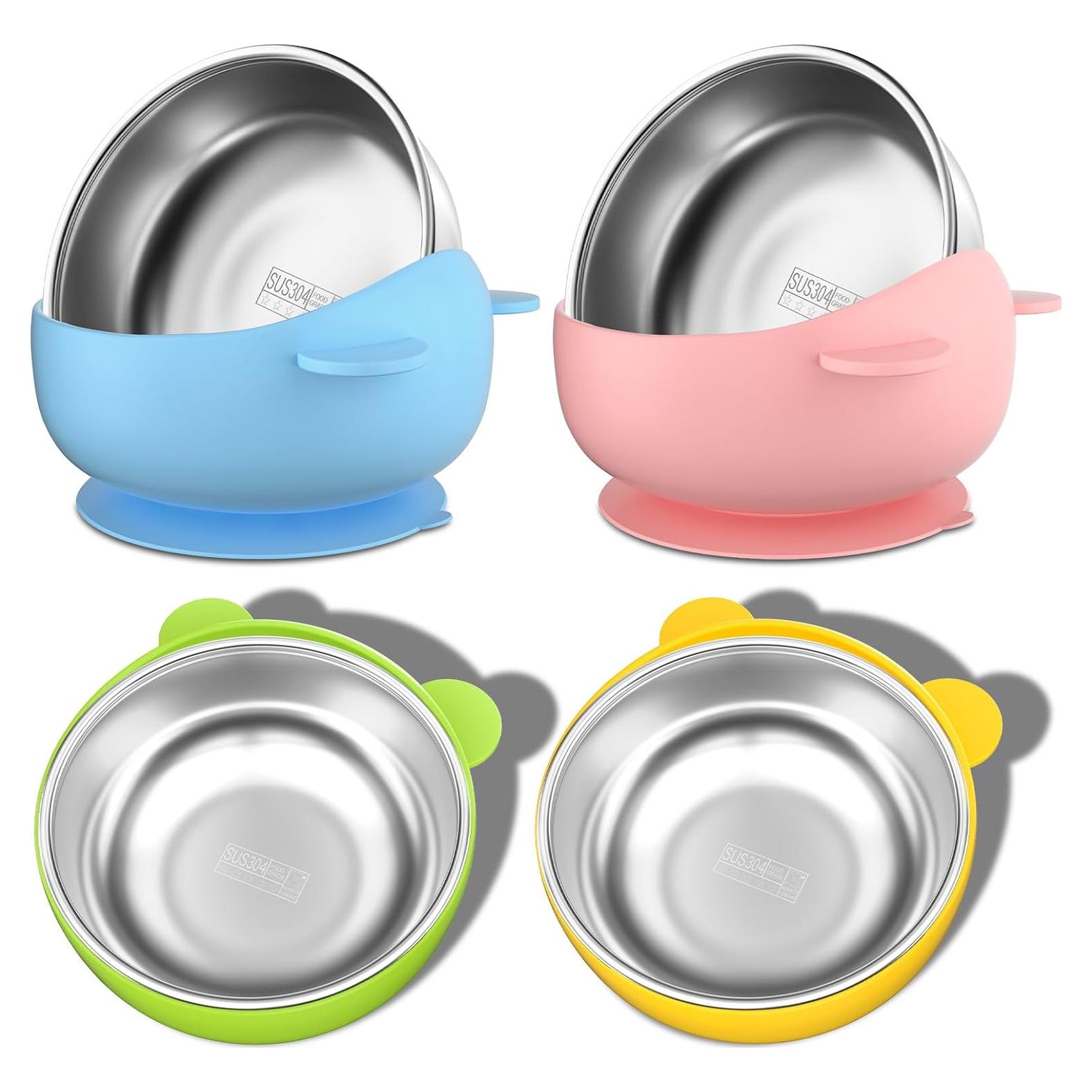 Stainless Steel Baby Bowls with Suction, 2-in-1 SUS304 Toddlers Bowl & Removable Silicone Suction Kids Bowl, Anti Scald Non Toxic Snack Container for Baby Food Feeding, 4 Colors Set