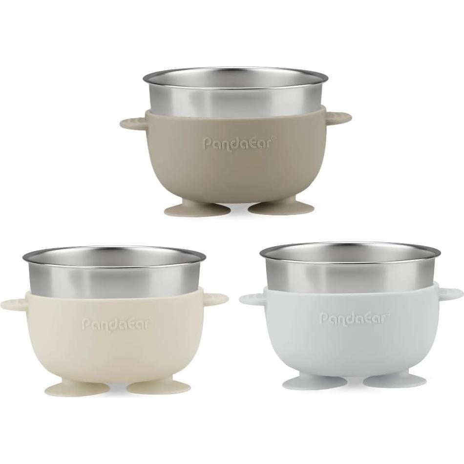 Set de Alimentación PandaEar: 3 Cuencos Inox. y 3 Cucharas Silicona