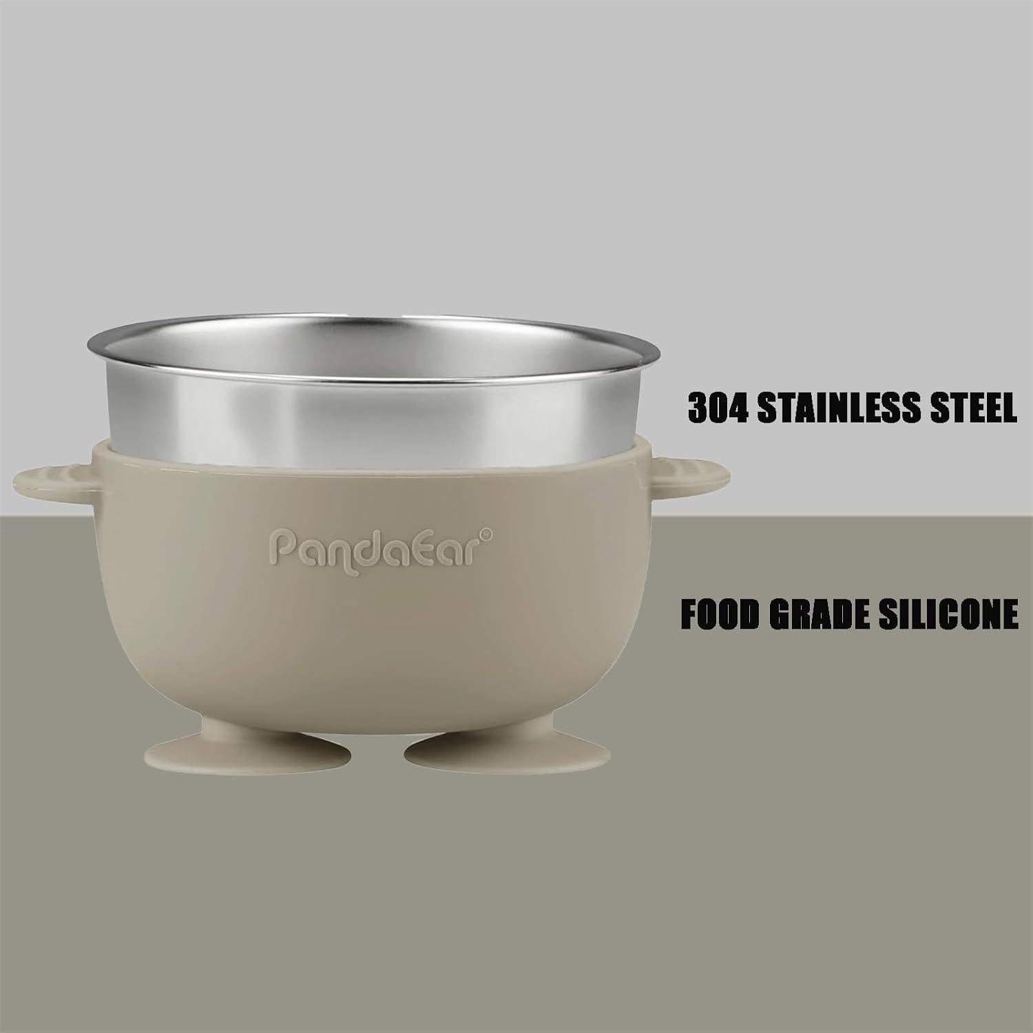 Set de Alimentación PandaEar: 3 Cuencos Inox. y 3 Cucharas Silicona