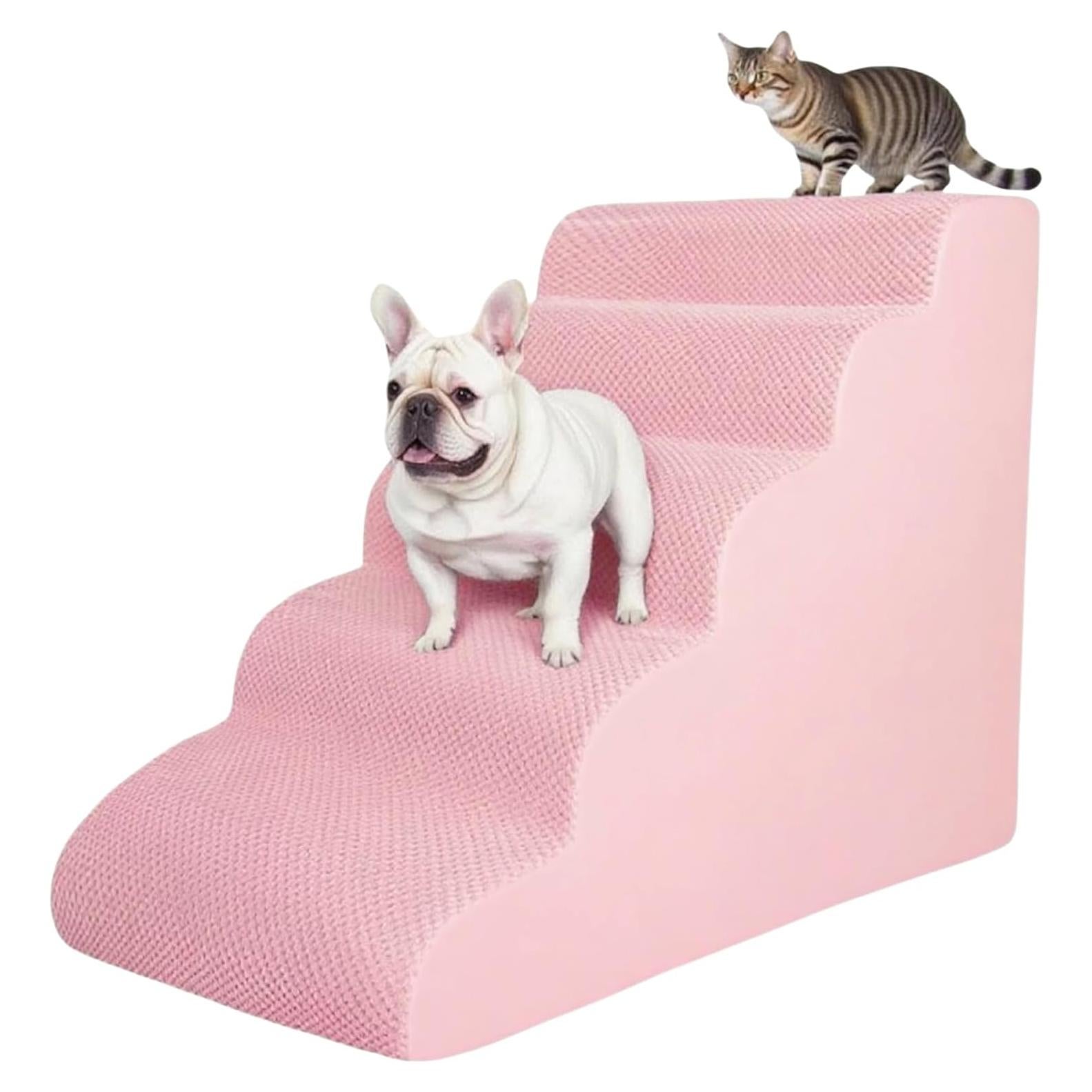5 Step Pet Stairs Ramp for High Beds Sofas 23-30 Inch with Sturdy Non Slip Waterproof Pads, Machine Washable Cover Indoor Balanced Design for Cats Dogs Small Medium Large XL Pets Pink, Large