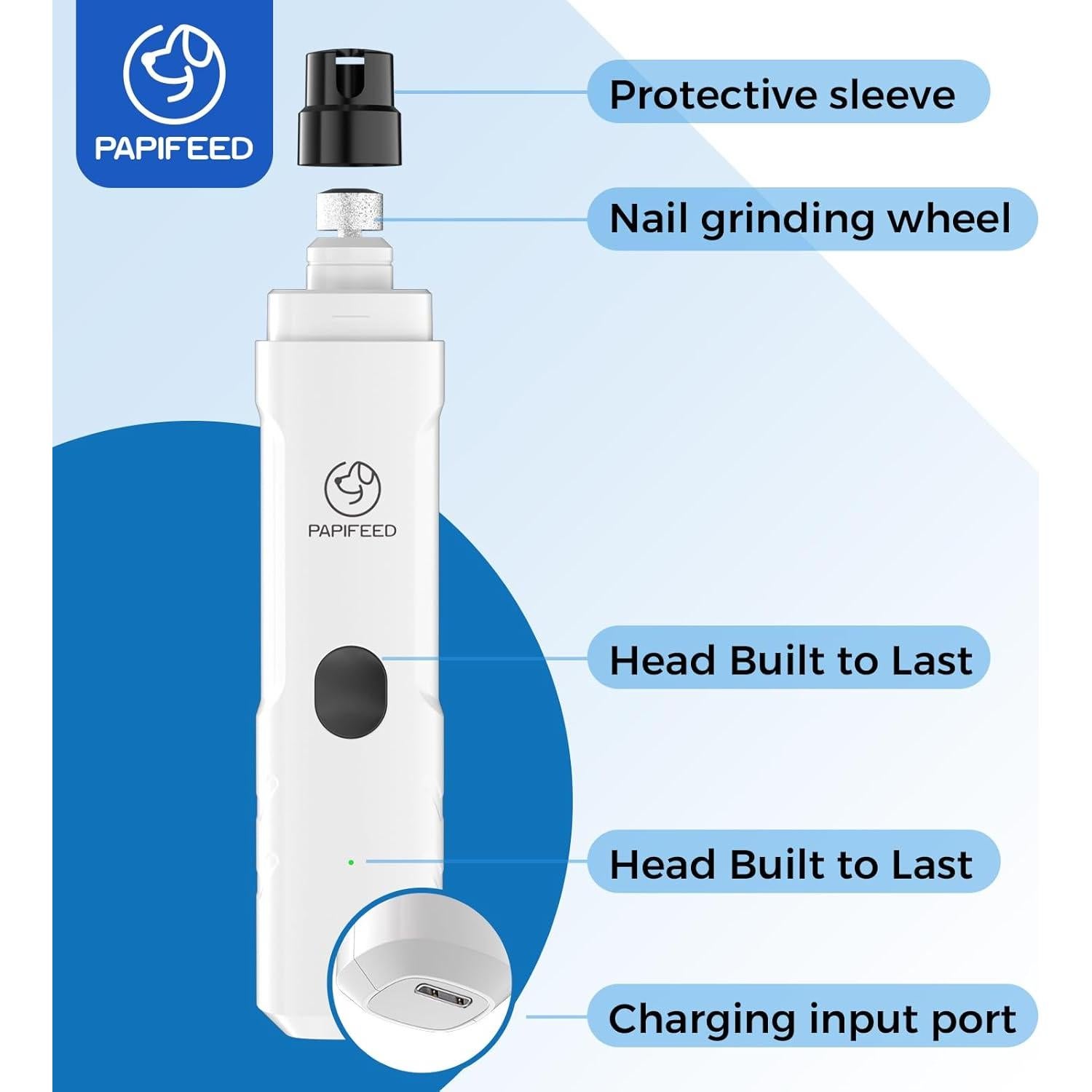 Amoladora de Uñas Eléctrica PAPIFEED Blanca con 3 Velocidades y LED