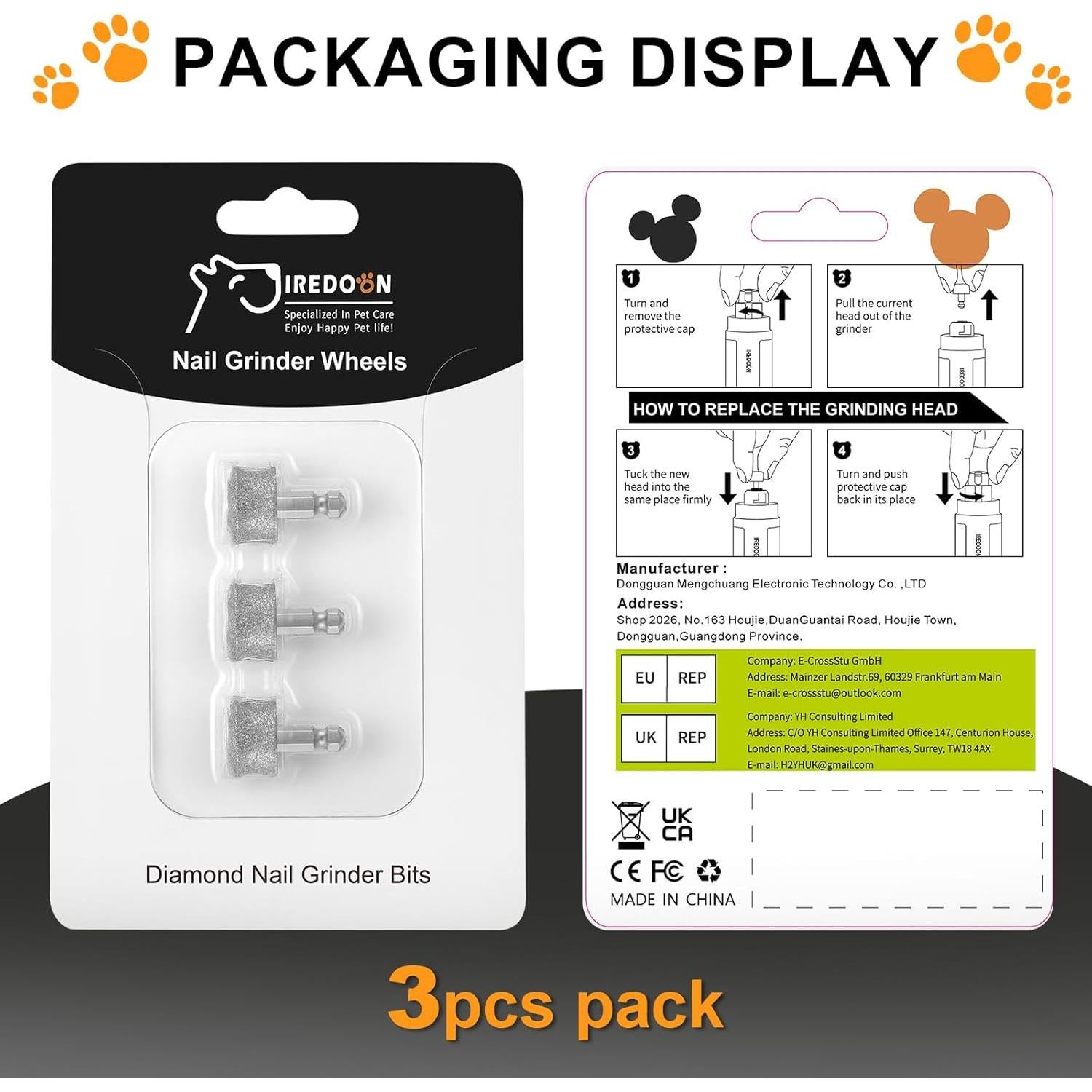 Cabezal de Repuesto para Amoladora de Uñas de Perro IREDOON - 3 Piezas con Granos 100, 80, 60