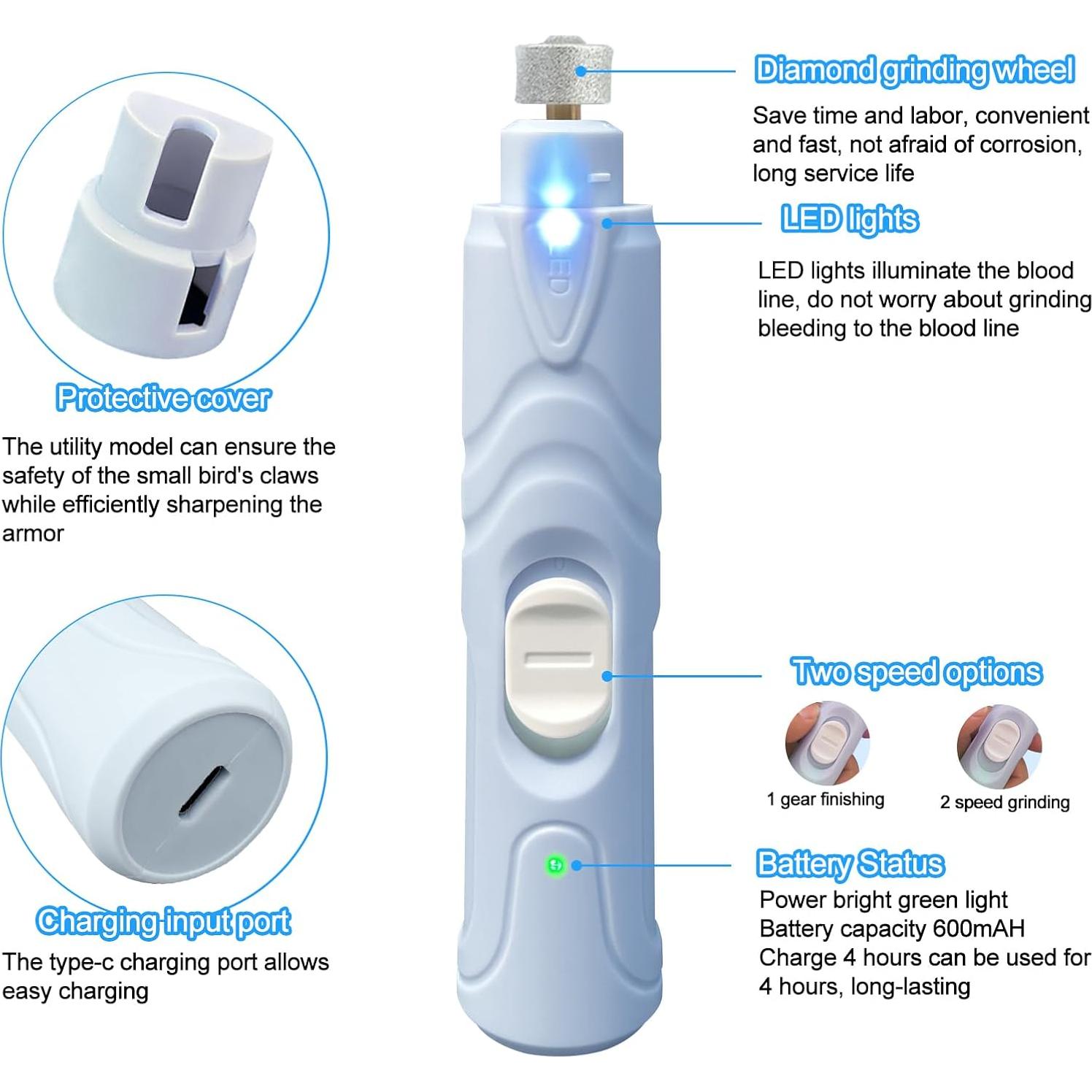 Molinillo de Uñas para Aves LUKHMELF Recargable con Luz LED