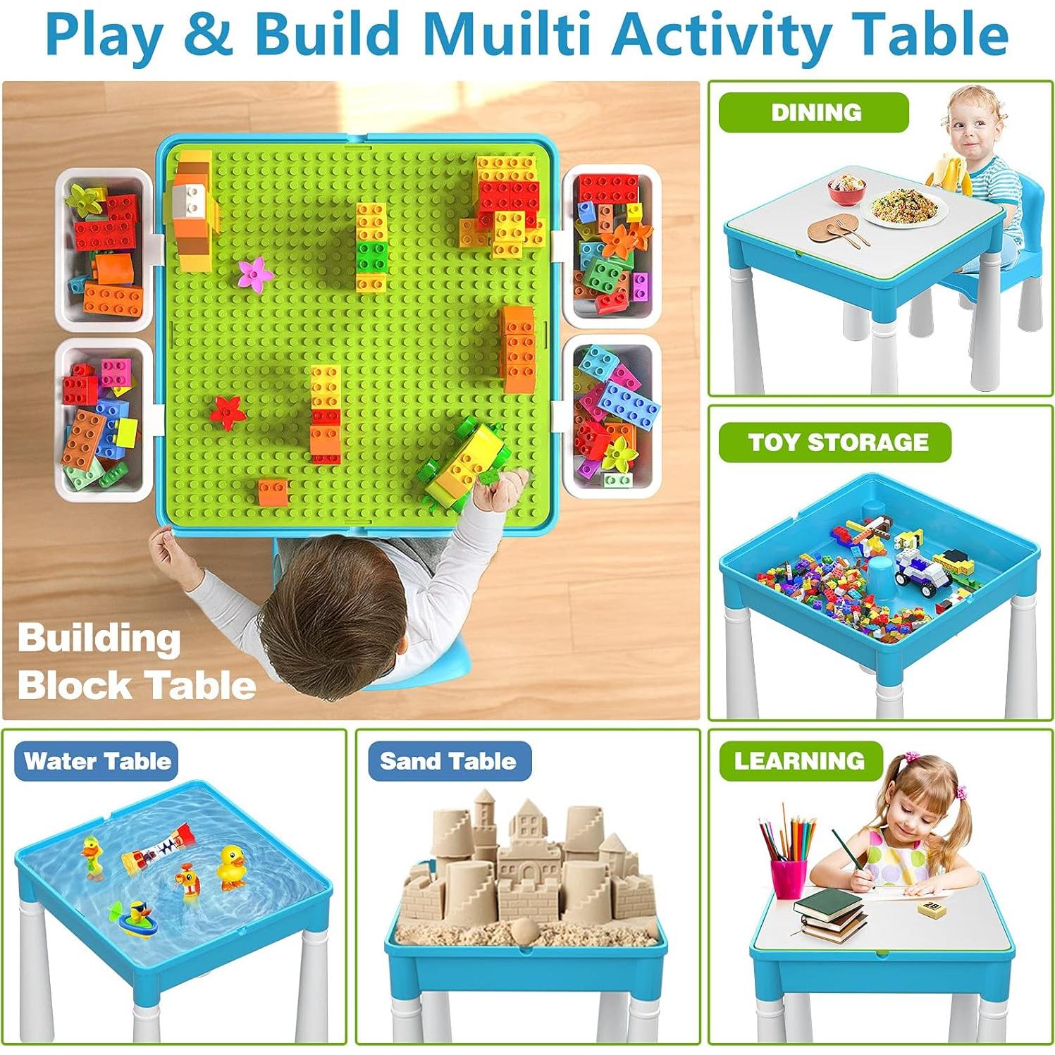 Mesa de Actividades 5-en-1 Burgkidz con 128 Bloques - Azul