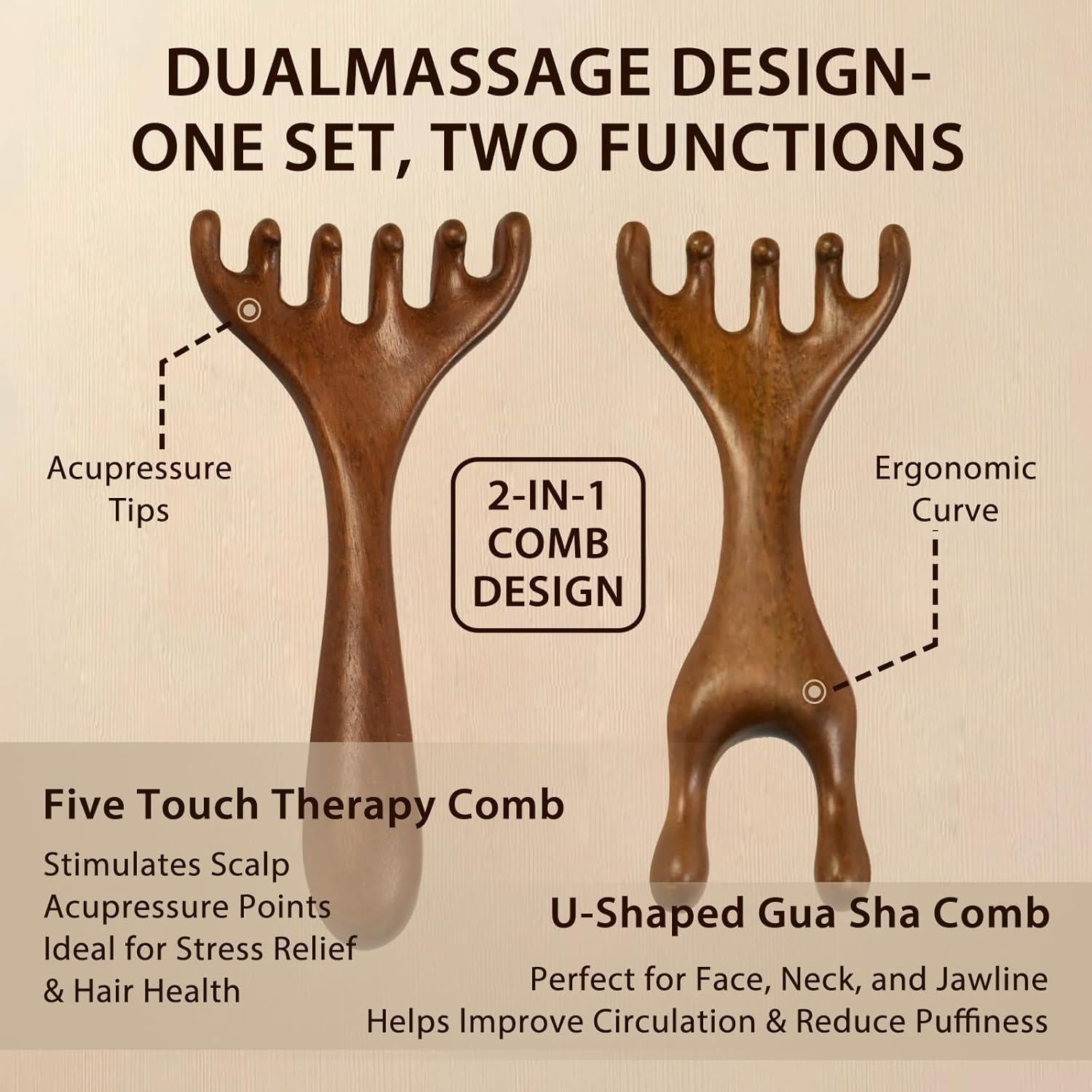 Juego de 2 Peines de Masaje Gua Sha de Sándalo - Alivio del Estrés
