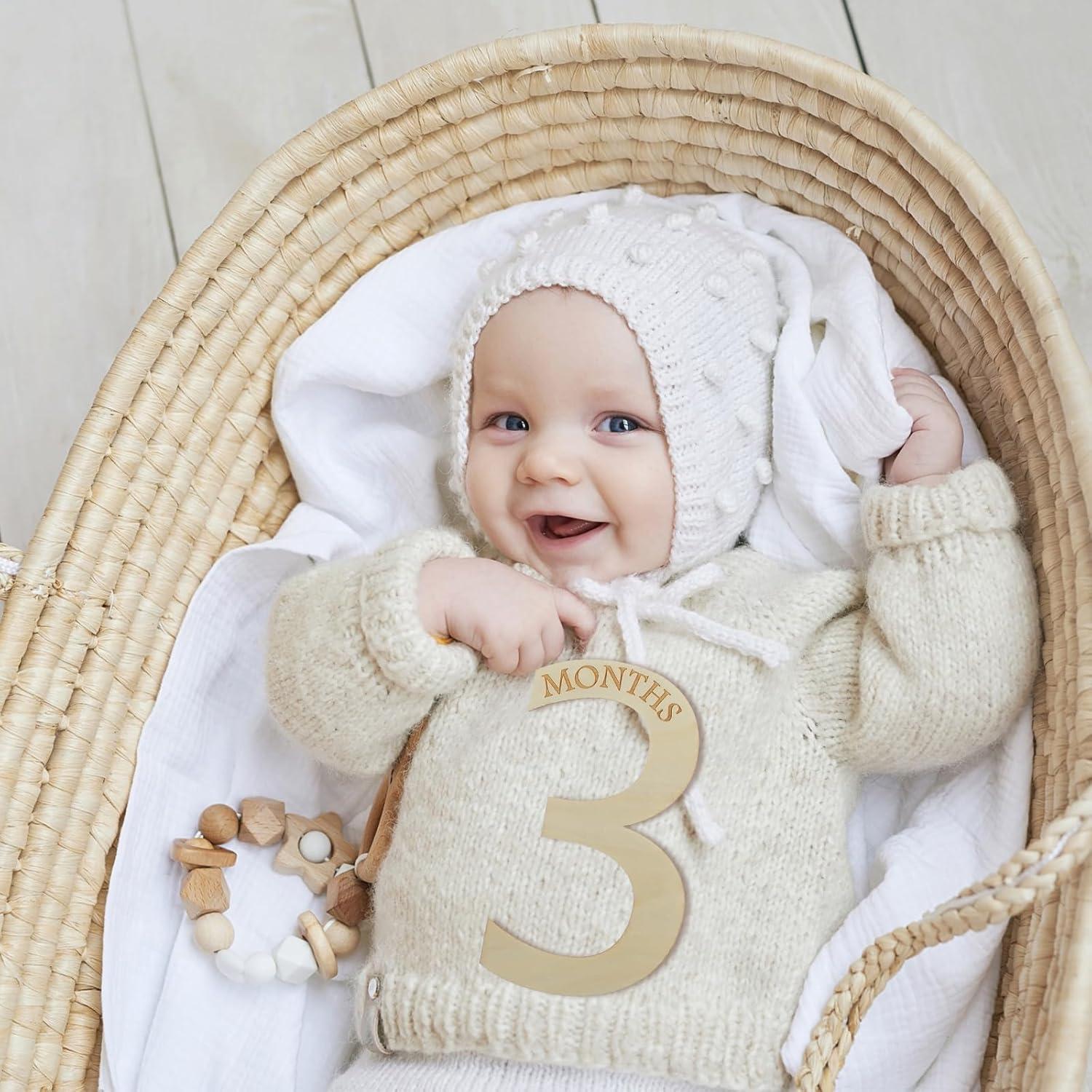 15 Tarjetas de Hitos Mensuales de Madera para Bebés