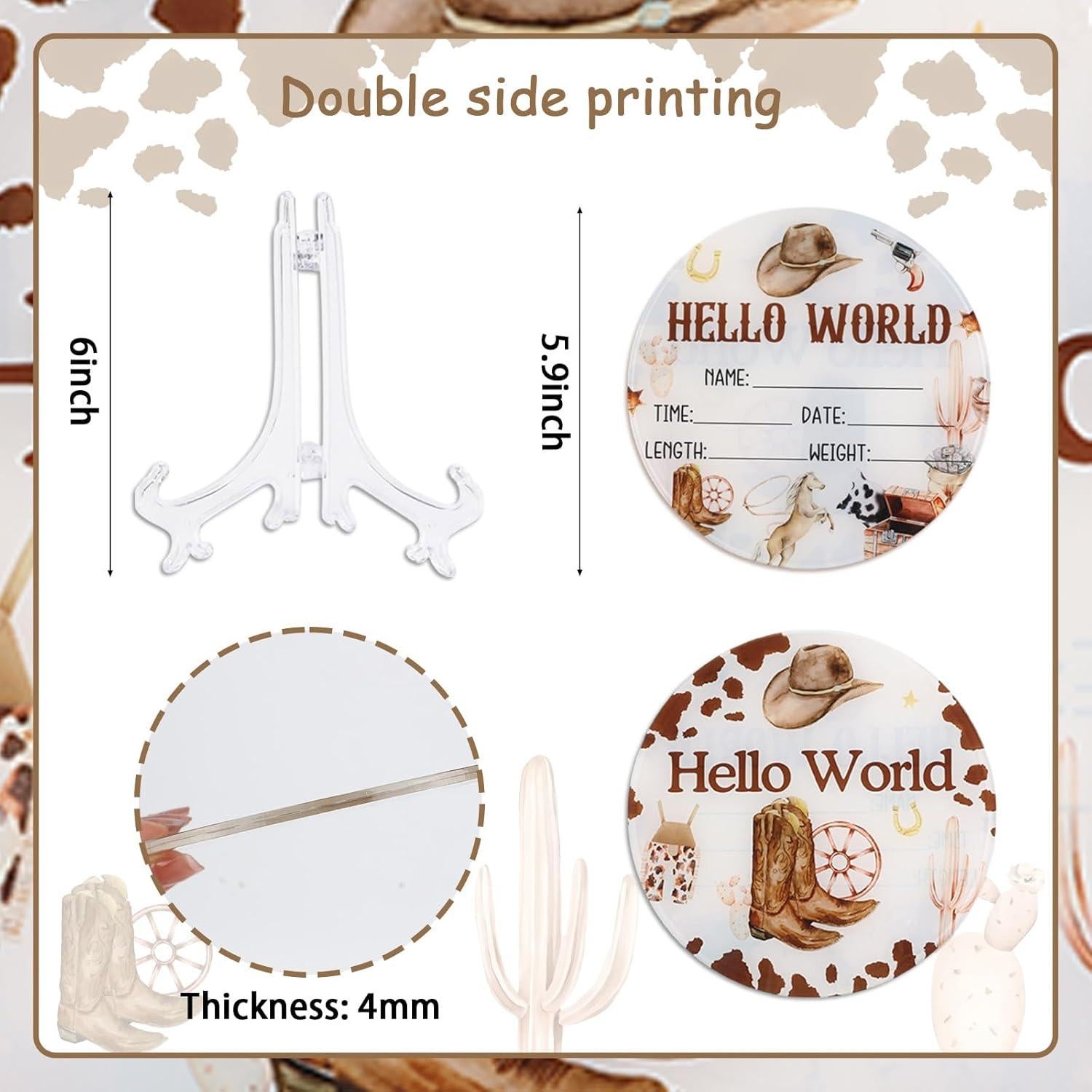 Cartel de Nacimiento de Bebé Acrílico Doble Cara Vaquero 15 cm