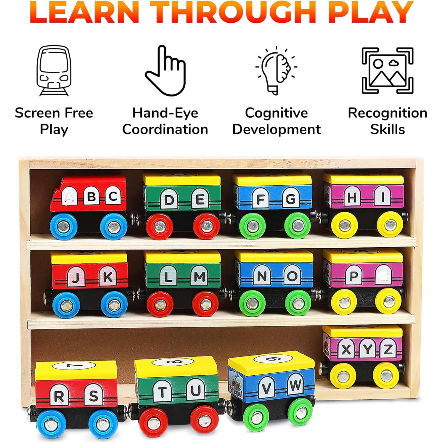Juego de tren de madera ABC On Track USA - 12 piezas educativas