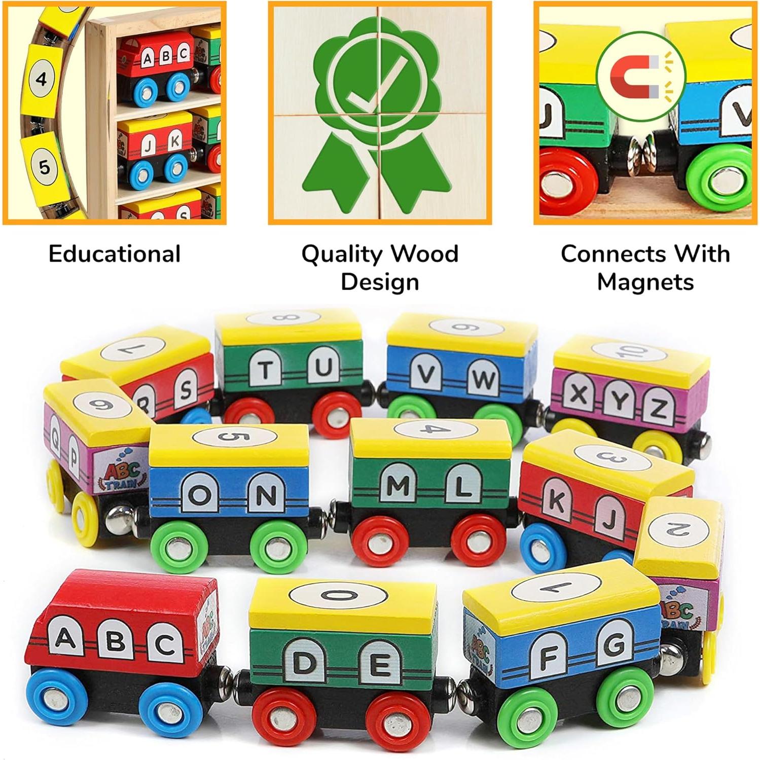 Juego de tren de madera ABC On Track USA - 12 piezas educativas