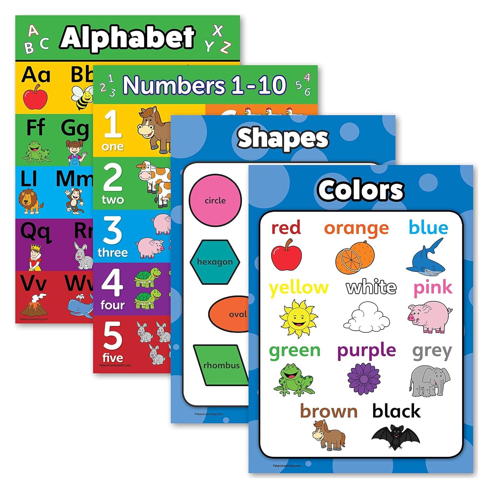 Conjunto de Carteles Educativos Palace Learning 4 Pack - Alfabeto, Números, Formas y Colores - Laminados 60.96 x 45.72 cm