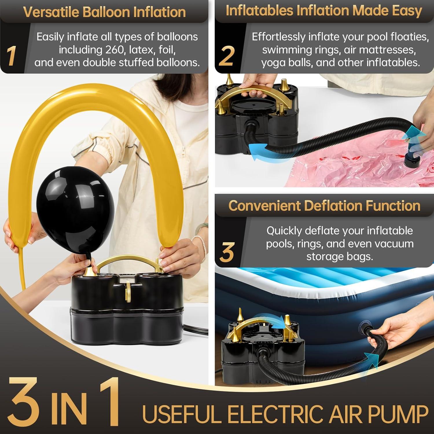 Bomba de globo eléctrica Bezente 3 en 1 portátil negro dorado