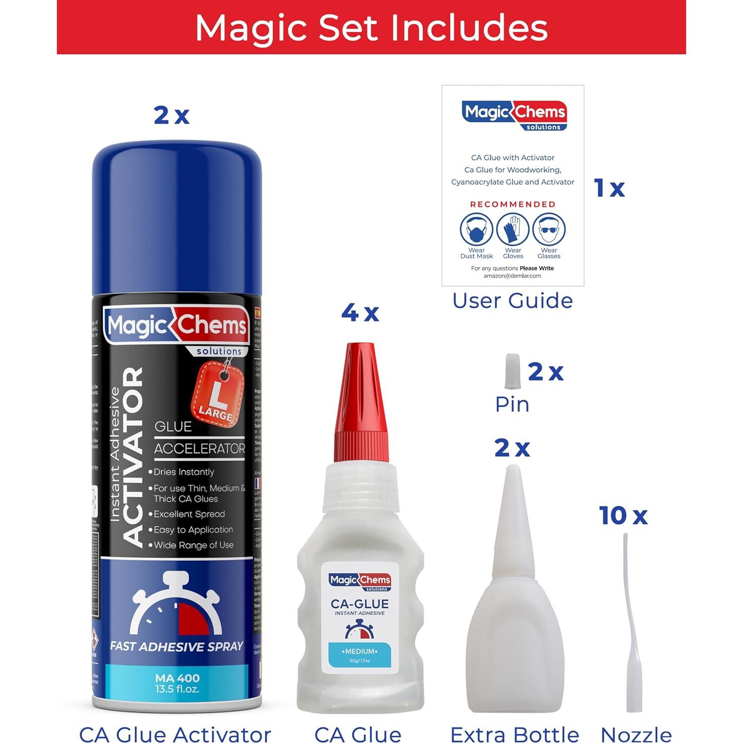 Pegamento CA con Activador Magic Chems 2 Paquetes 48.2 g + 400 ml