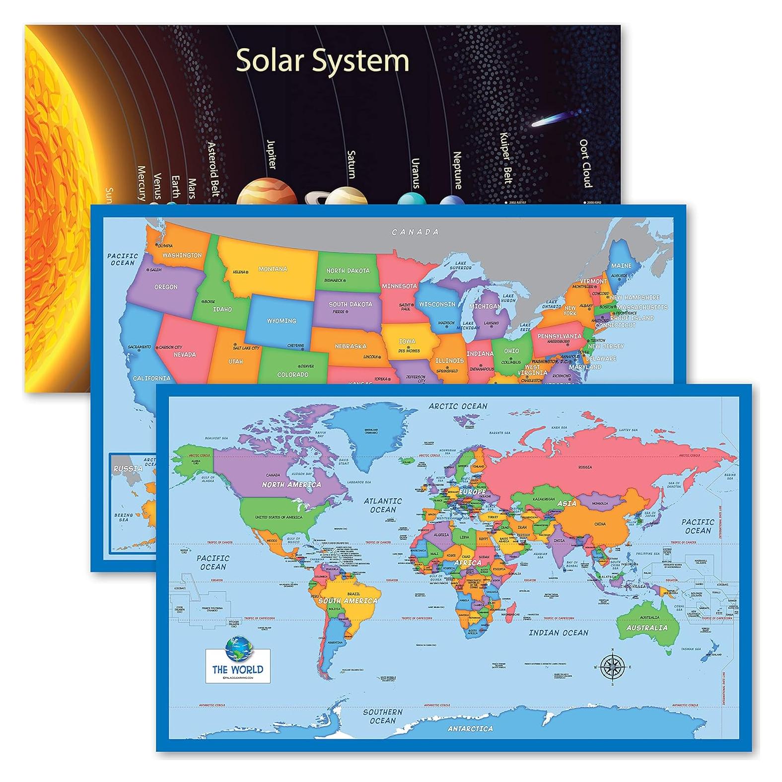 Paquete de 3 Pósters del Sistema Solar y Mapas Laminados