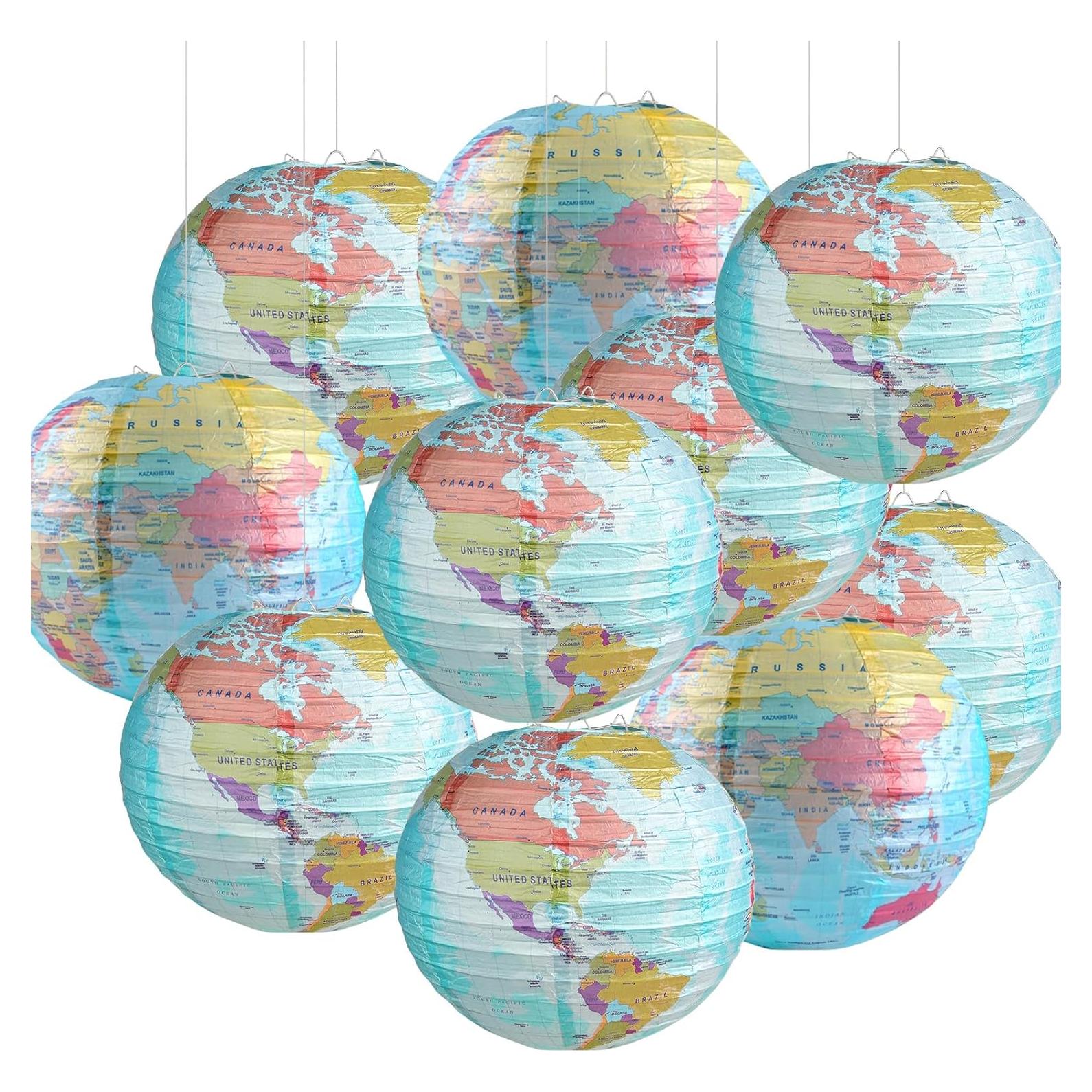 10 Linternas de Papel Mapa Mundial 25.4 cm Decoración Fiesta
