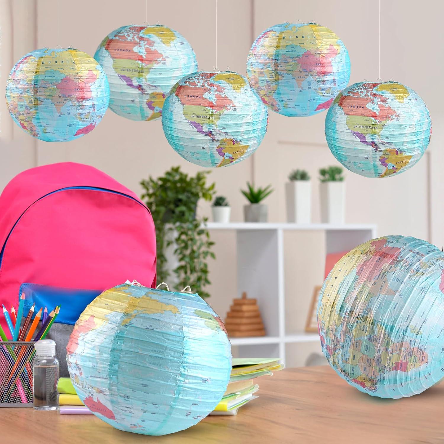 10 Linternas de Papel Mapa Mundial 25.4 cm Decoración Fiesta
