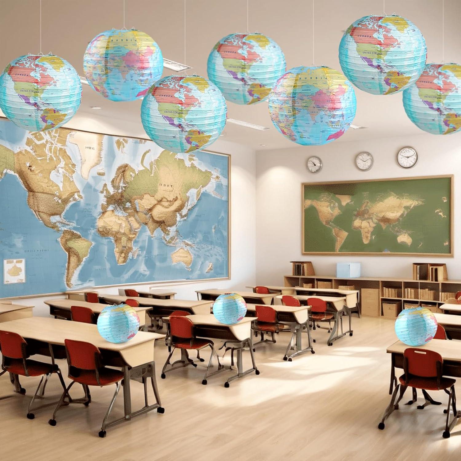 10 Linternas de Papel Mapa Mundial 25.4 cm Decoración Fiesta