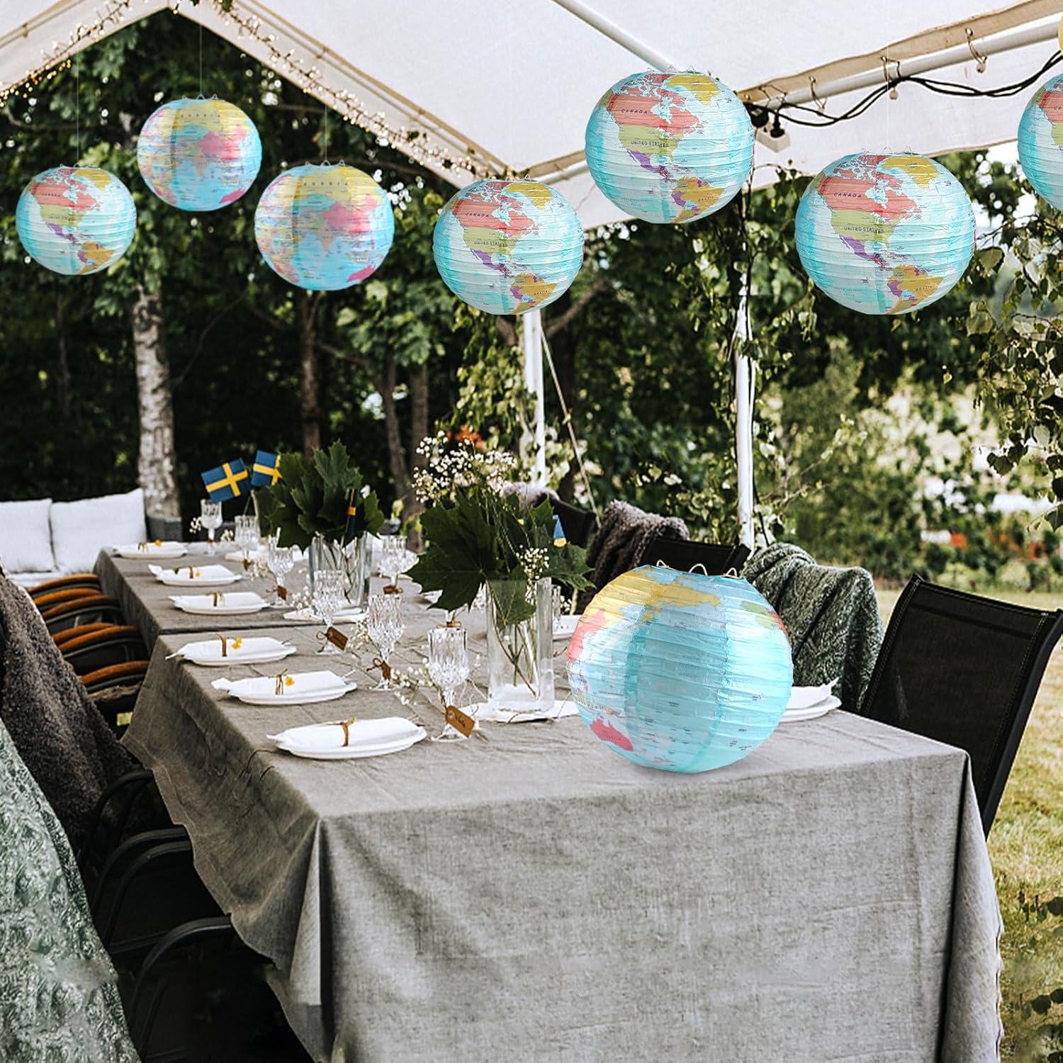 10 Linternas de Papel Mapa Mundial 25.4 cm Decoración Fiesta