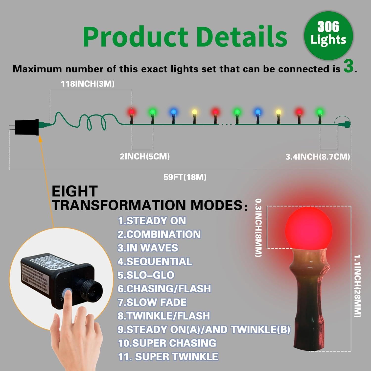 Luces de Cadena LED LAMPHOME 15m Multicolor 306 Esferas Navidad