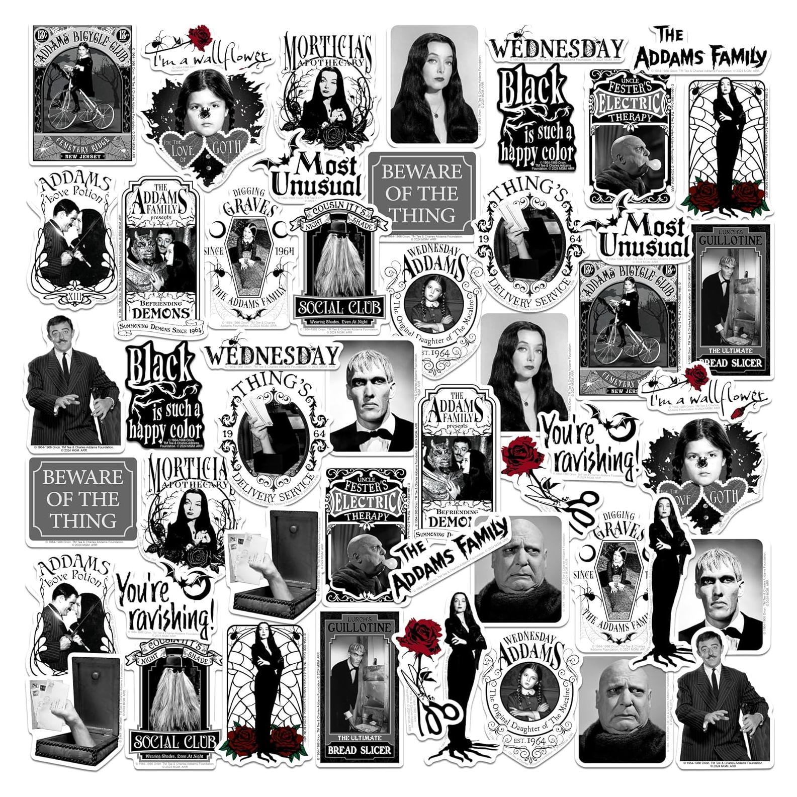 Paquete de 50 Stickers Deluxe Familia Addams - Vinilo Premium