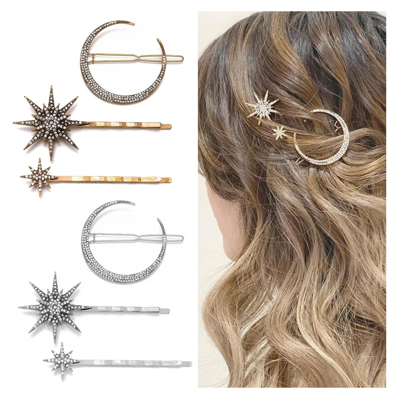 6 Clips para el Cabello Estrella y Luna mdgfge - Rhinestones