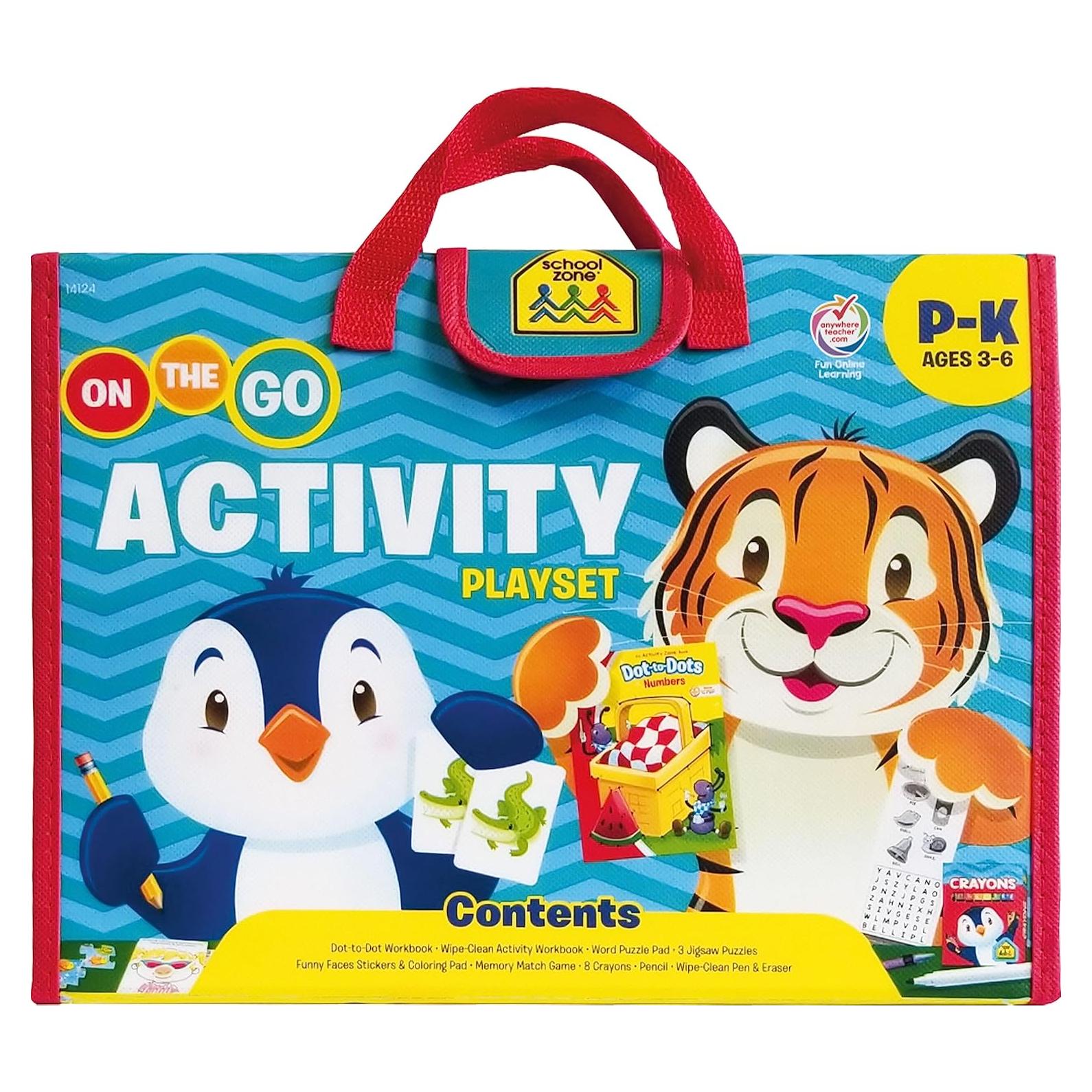 School Zone On The Go Activity Learning Playset: Pre-K, Preschool, Kindergarten, Workbooks, Flash Cards, Cut & Paste, Tracing, Mazes, Search & Find, Carrying Case, Pencil & Wipe-Clean Marker