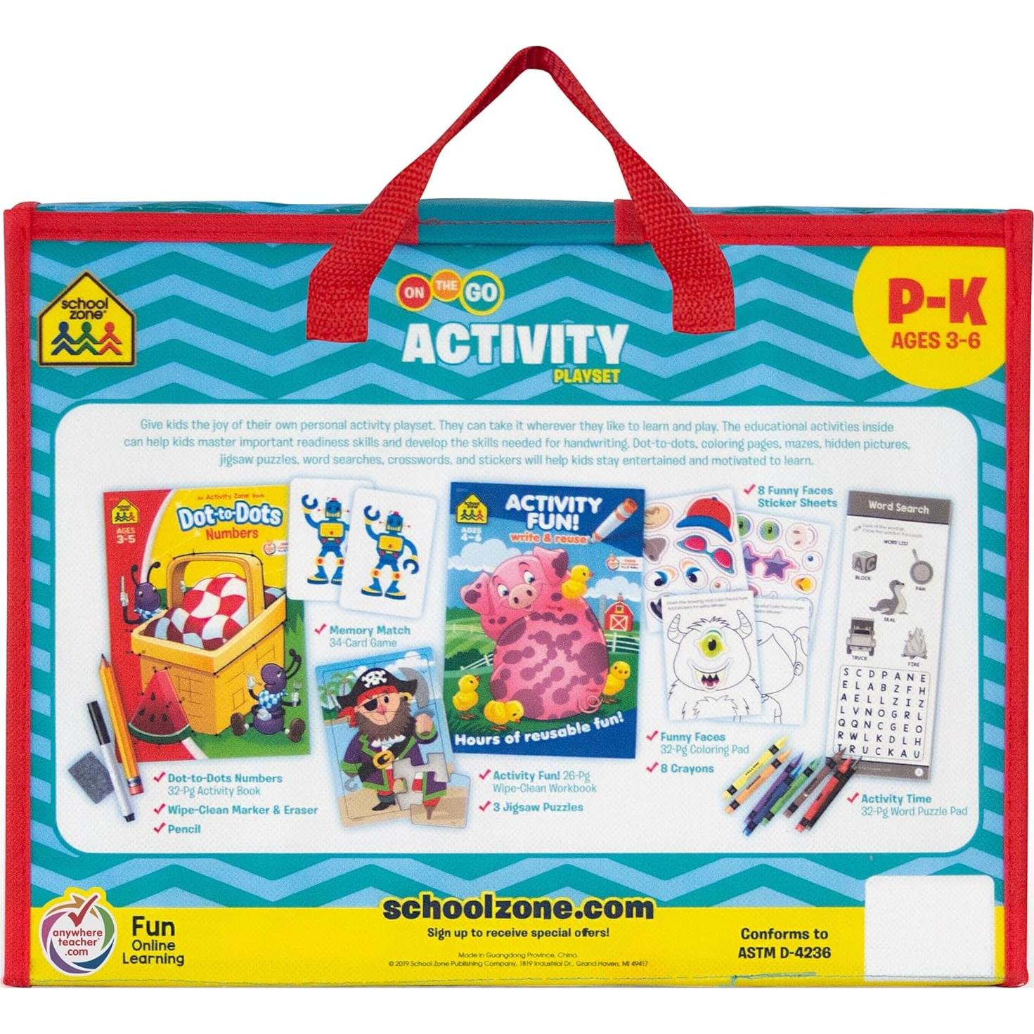 School Zone On The Go Activity Learning Playset: Pre-K, Preschool, Kindergarten, Workbooks, Flash Cards, Cut & Paste, Tracing, Mazes, Search & Find, Carrying Case, Pencil & Wipe-Clean Marker
