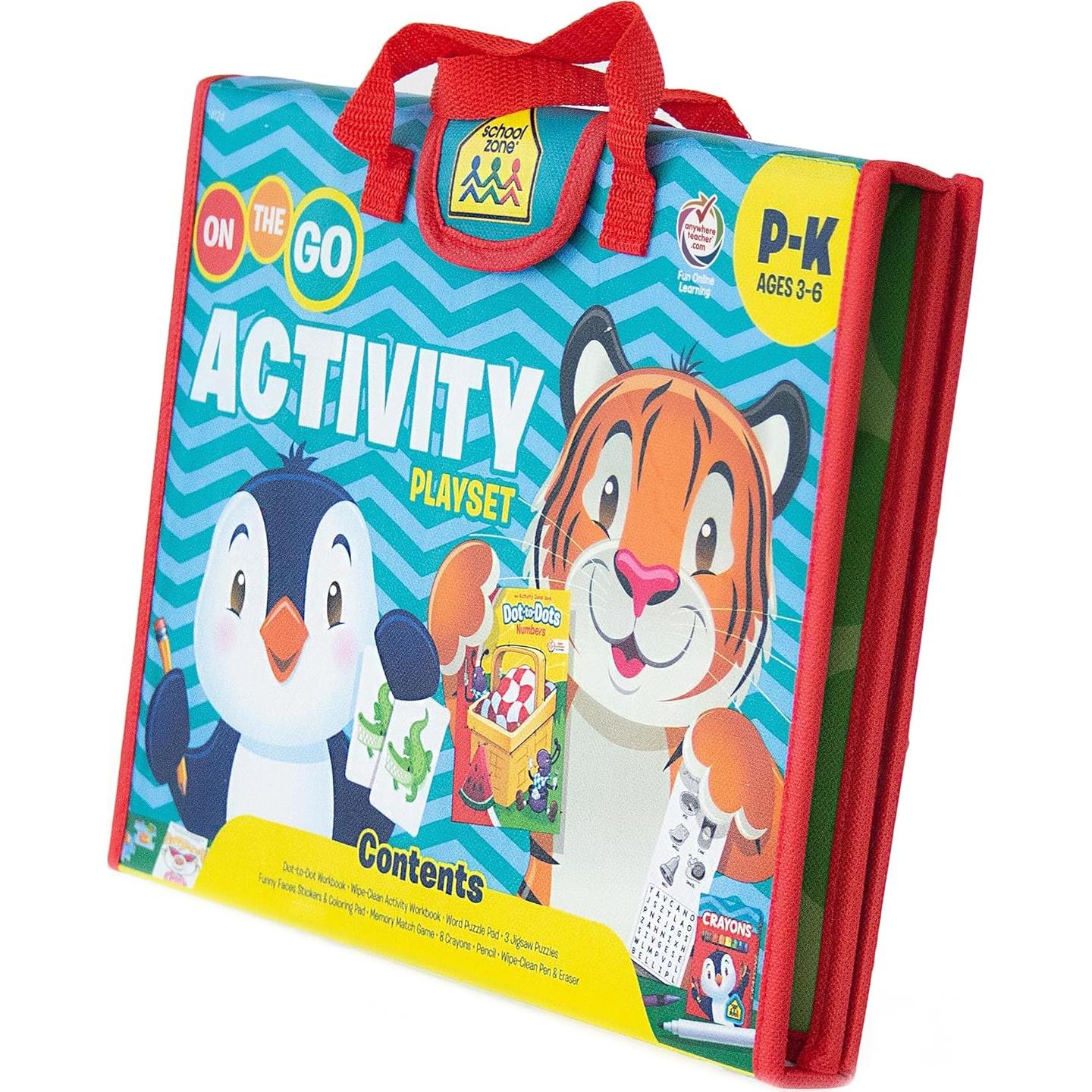 School Zone On The Go Activity Learning Playset: Pre-K, Preschool, Kindergarten, Workbooks, Flash Cards, Cut & Paste, Tracing, Mazes, Search & Find, Carrying Case, Pencil & Wipe-Clean Marker