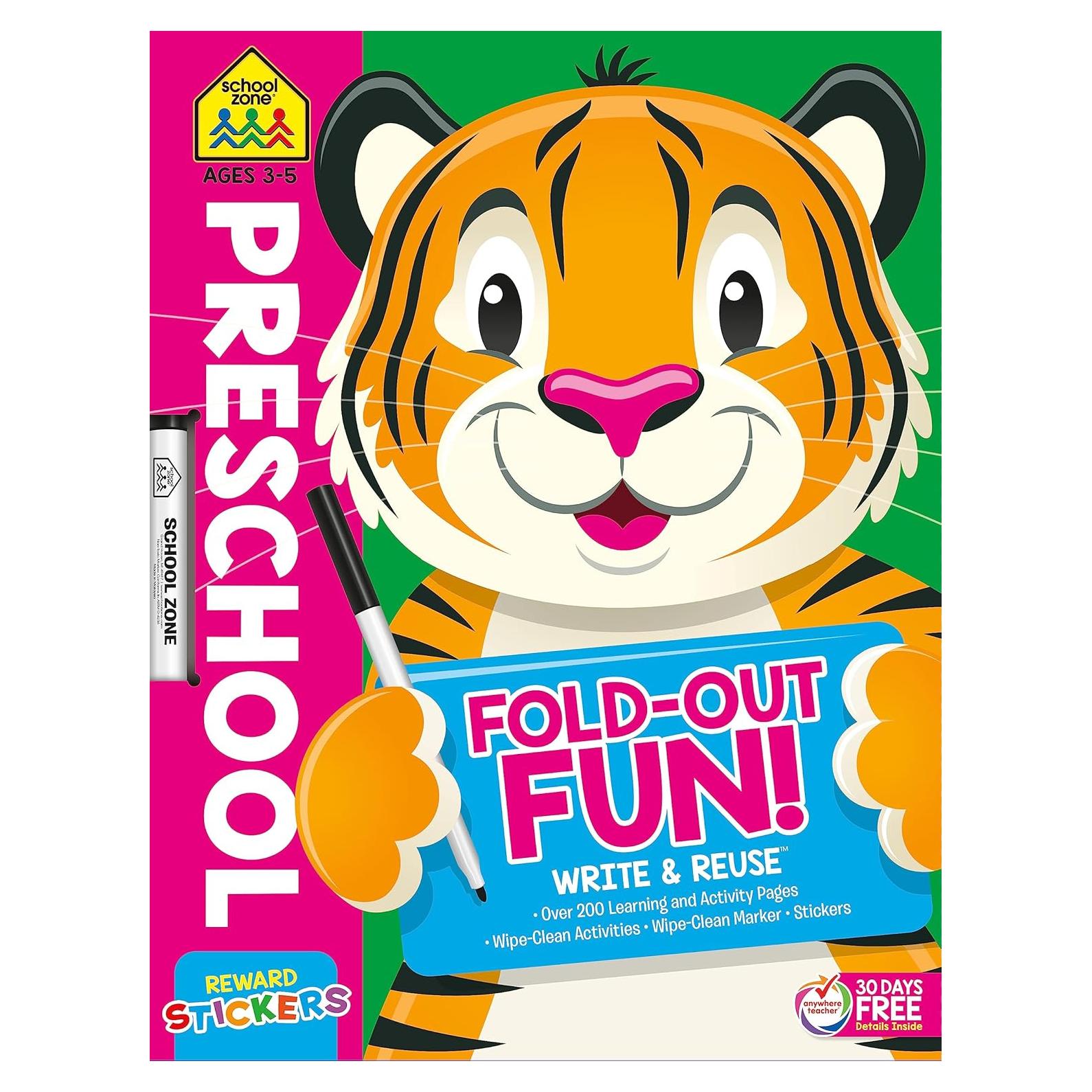School Zone - Preschool Fold-Out Fun! Write & Reuse Workbook - 240 Pages, Ages 3 to 5, Wipe-Clean Activities, Tracing Letters & Numbers, Colors, Shapes, Counting, Early Math, Stickers, and More
